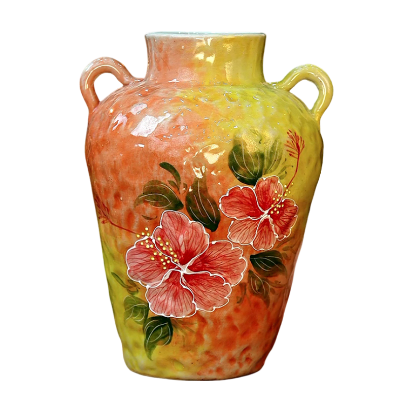 Vintage Underglaze Hibiscus Flower Double-Handled Ceramic Vase