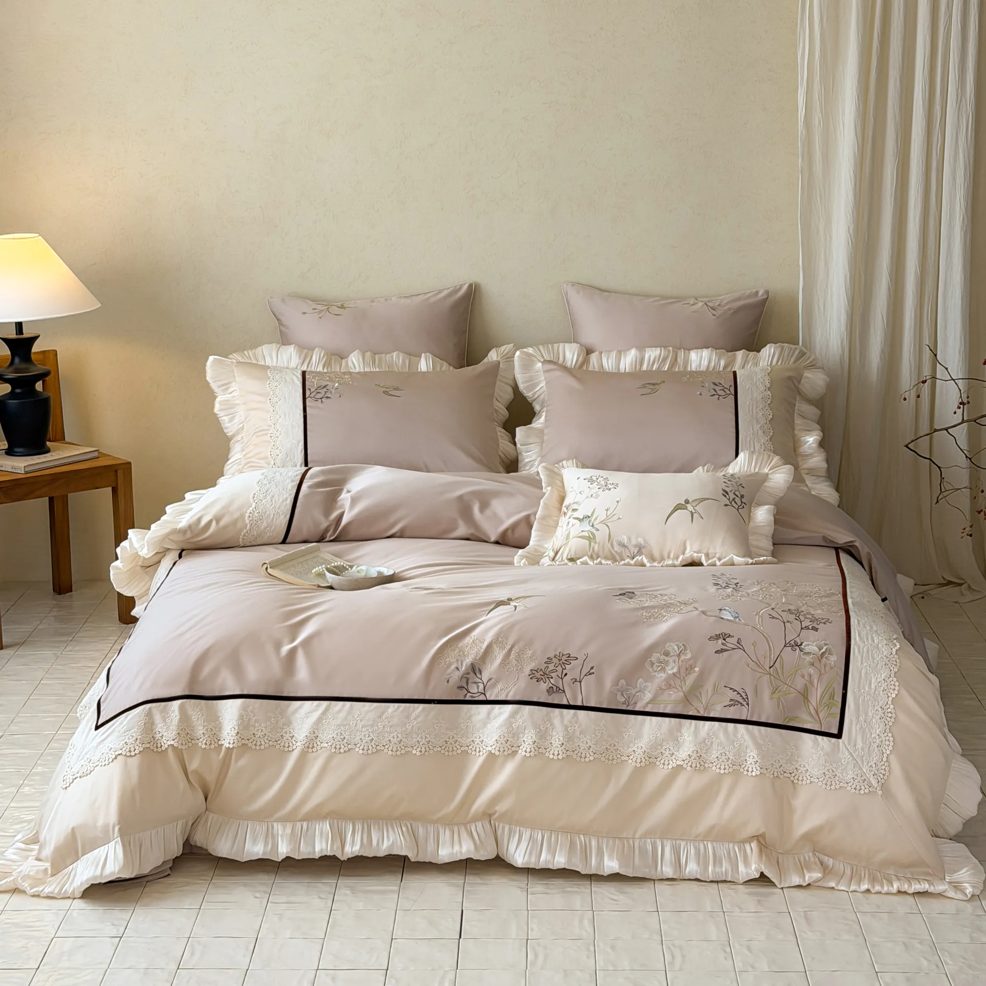 Botanical Embroidered 100S Long-Staple Cotton Pleated Ruffle Bed Sheet Set