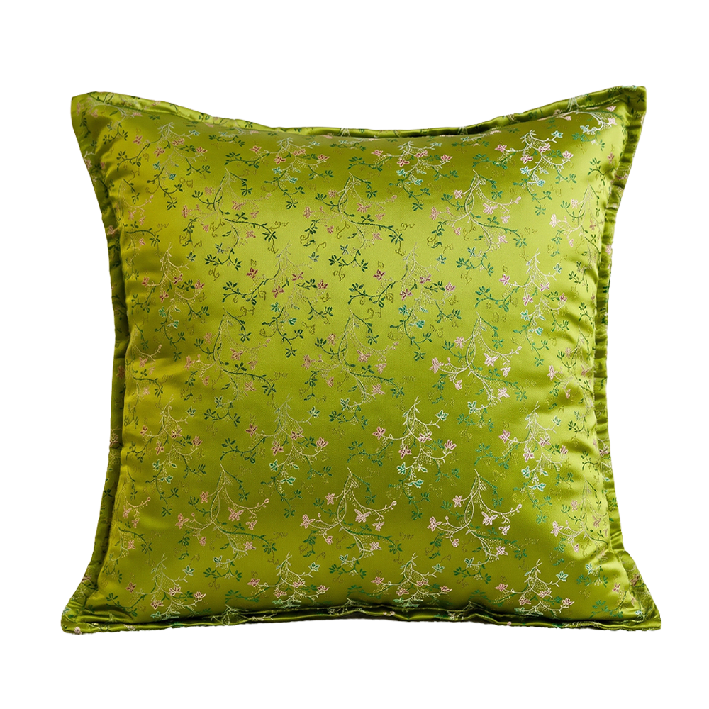 Botanical Floral Vine Jacquard Brocade Green Silky Satin Throw Pillow Cover01