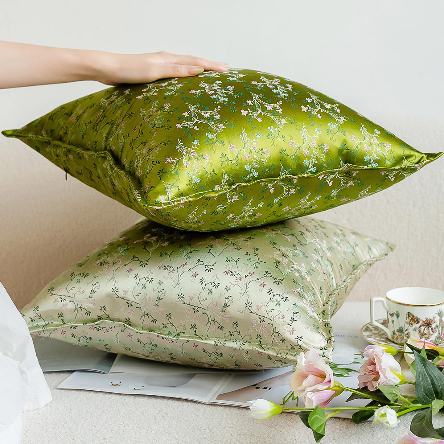 Botanical Floral Vine Jacquard Brocade Green Silky Satin Throw Pillow Cover02