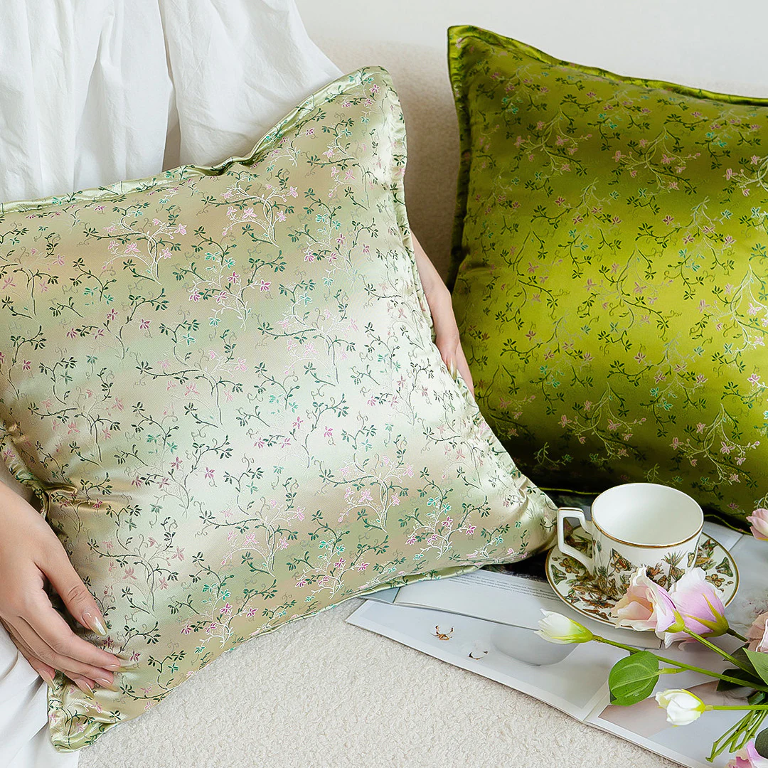 Botanical Floral Vine Jacquard Brocade Green Silky Satin Throw Pillow Cover03 Botanical Floral Vine Jacquard Brocade Green Silky Satin Throw Pillow Cover03