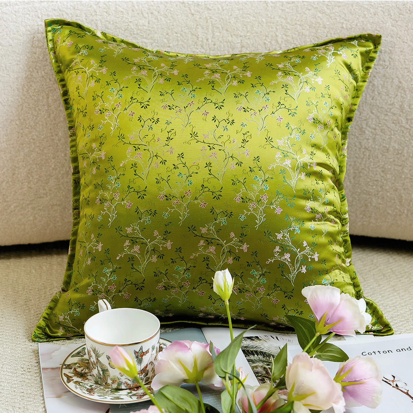 Botanical Floral Vine Jacquard Brocade Green Silky Satin Throw Pillow Cover05 Botanical Floral Vine Jacquard Brocade Green Silky Satin Throw Pillow Cover05