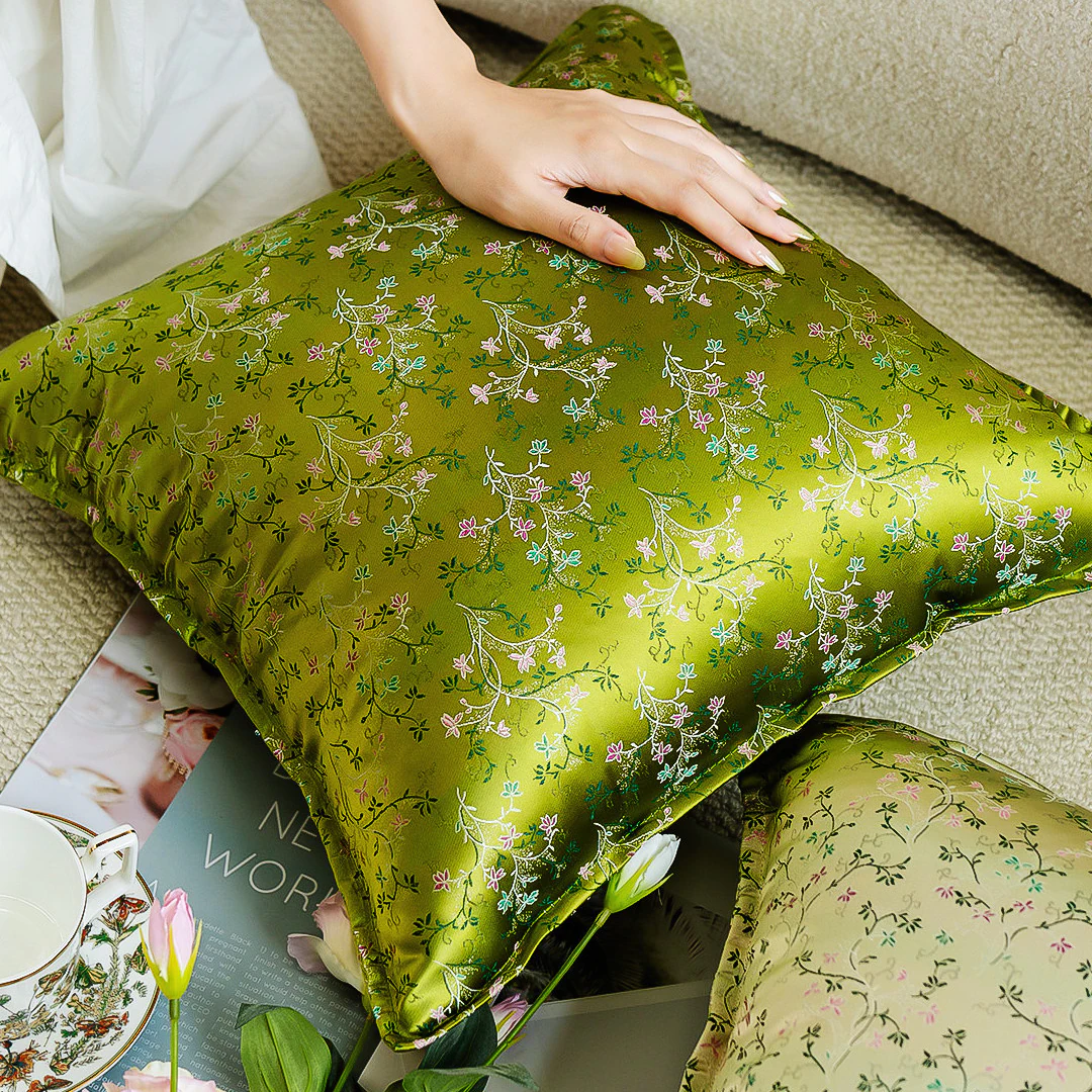 Botanical Floral Vine Jacquard Brocade Green Silky Satin Throw Pillow Cover06 Botanical Floral Vine Jacquard Brocade Green Silky Satin Throw Pillow Cover06
