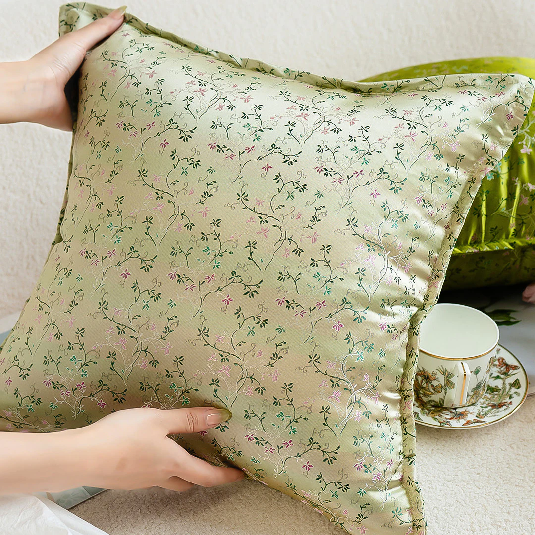 Botanical Floral Vine Jacquard Brocade Green Silky Satin Throw Pillow Cover07 Botanical Floral Vine Jacquard Brocade Green Silky Satin Throw Pillow Cover07