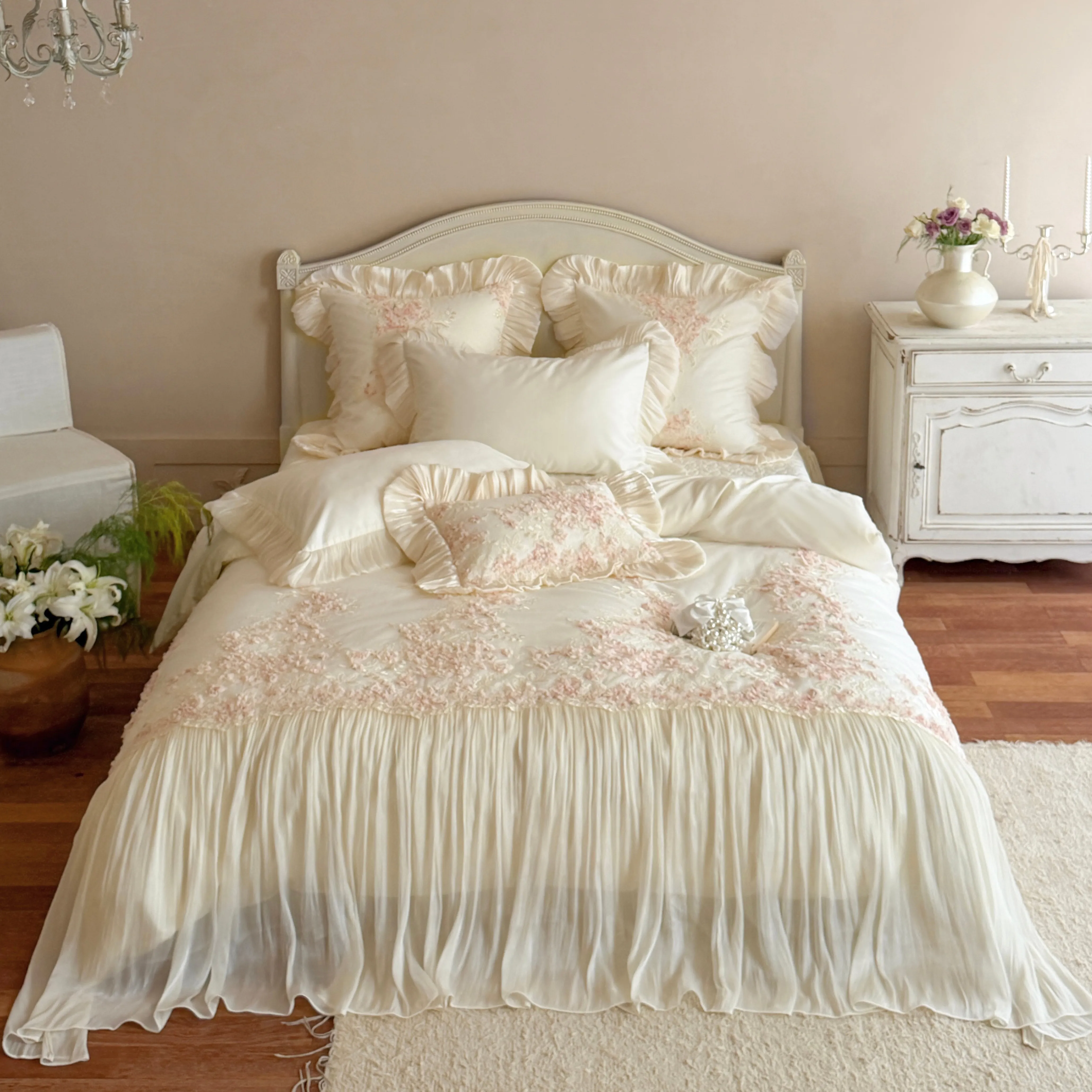 Cottage Soft 100S Cotton 3D Flower Lace Embroidery Pleated Skirt Bedding Set