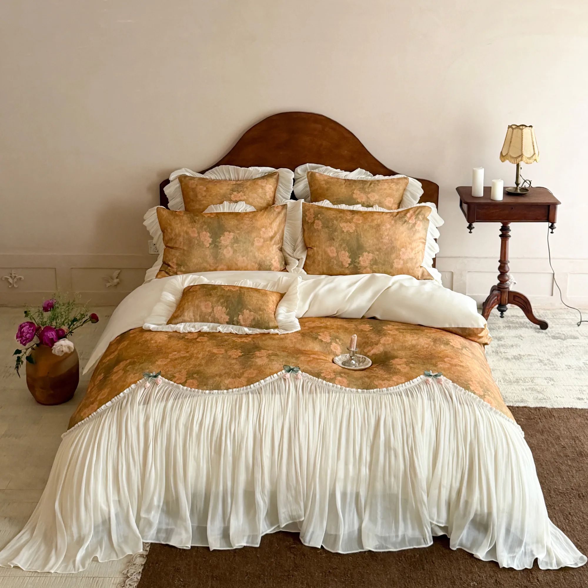 Cottage Style Warm Tone Floral Blossom 100S Cotton Ruffle Duvet Cover Set01