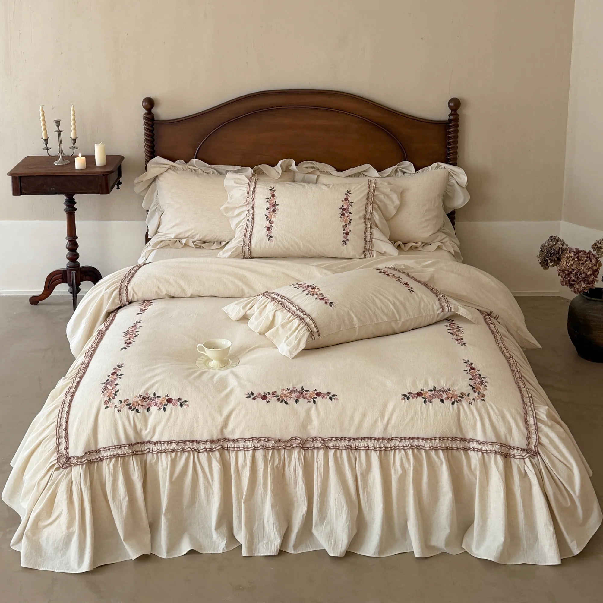 Country Farmhouse Floral Embroidery Soft Cotton Linen Bedding 4 Pcs Set
