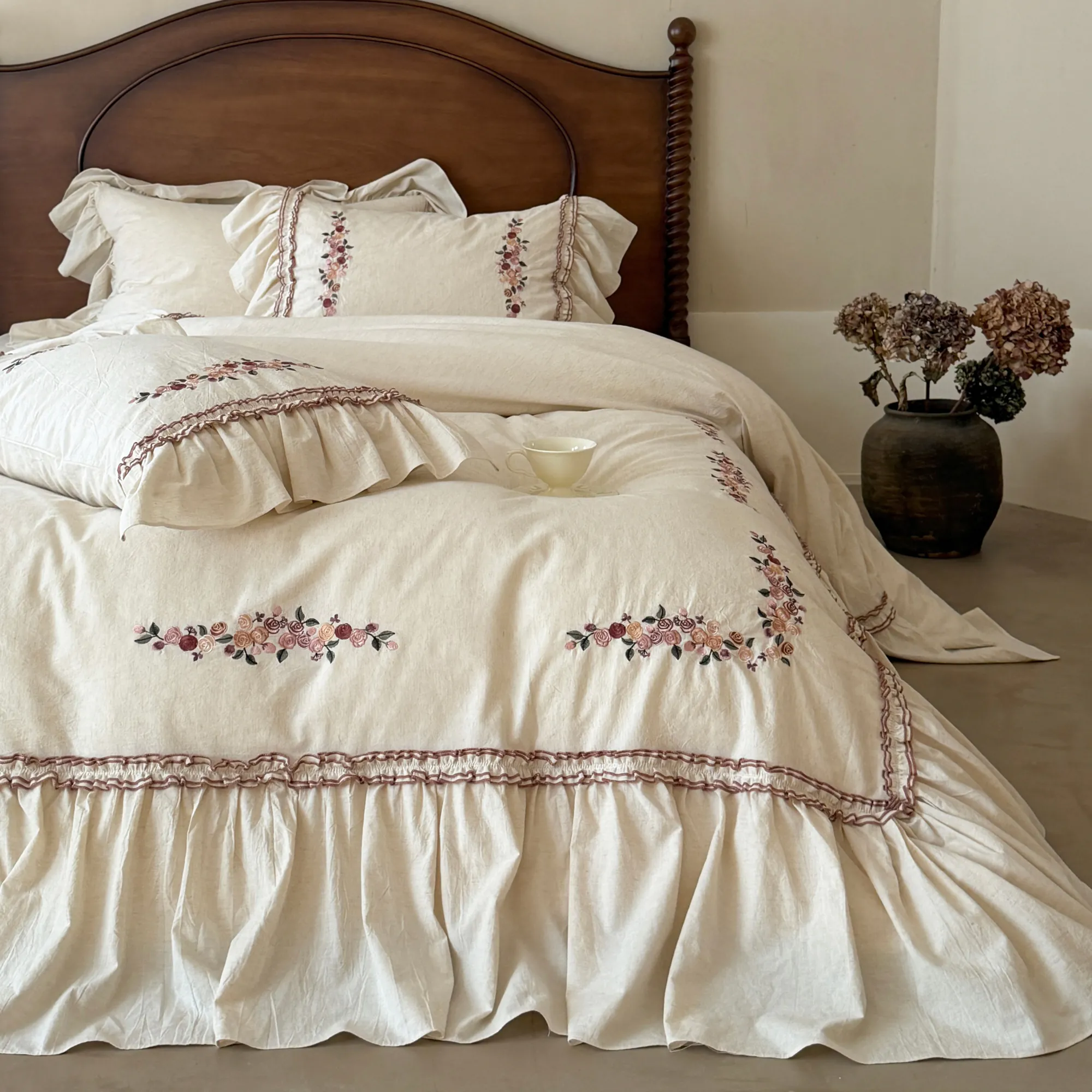 Country Farmhouse Floral Embroidery Soft Cotton Linen Bedding 4 Pcs Set03