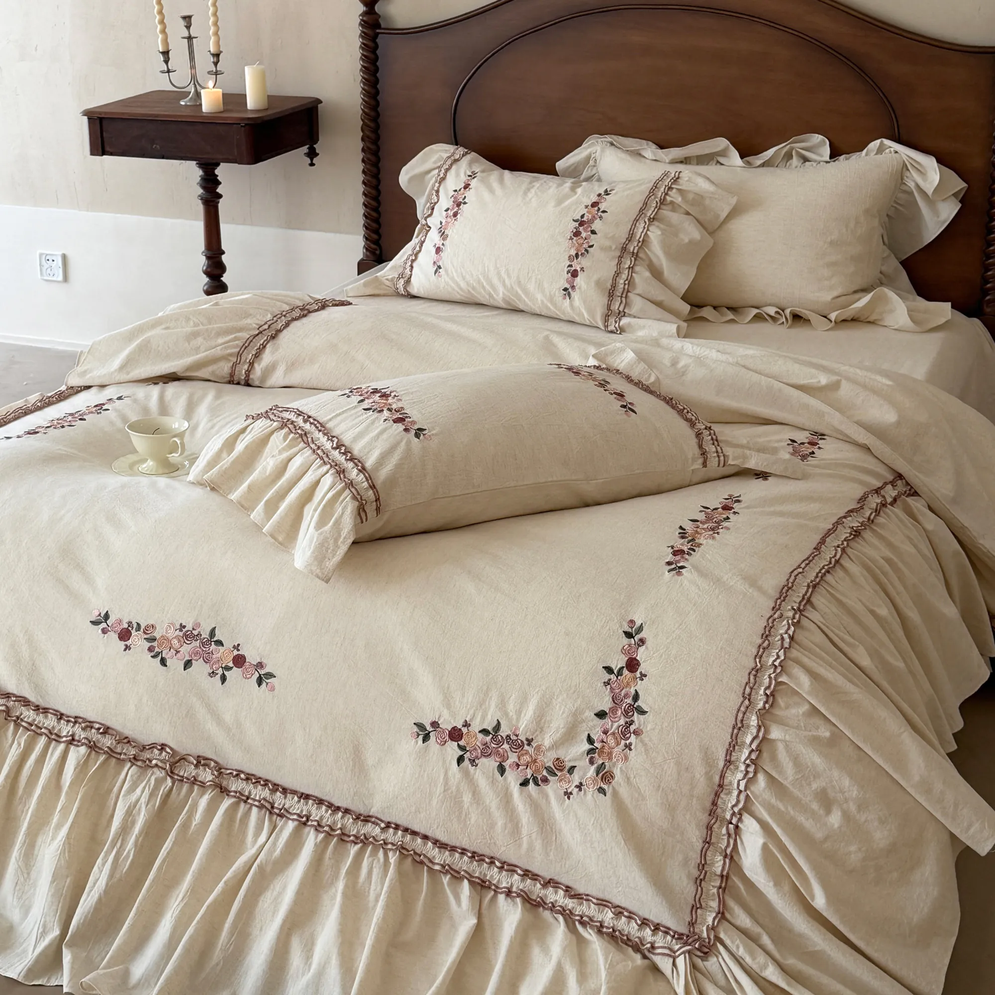 Country Farmhouse Floral Embroidery Soft Cotton Linen Bedding 4 Pcs Set07
