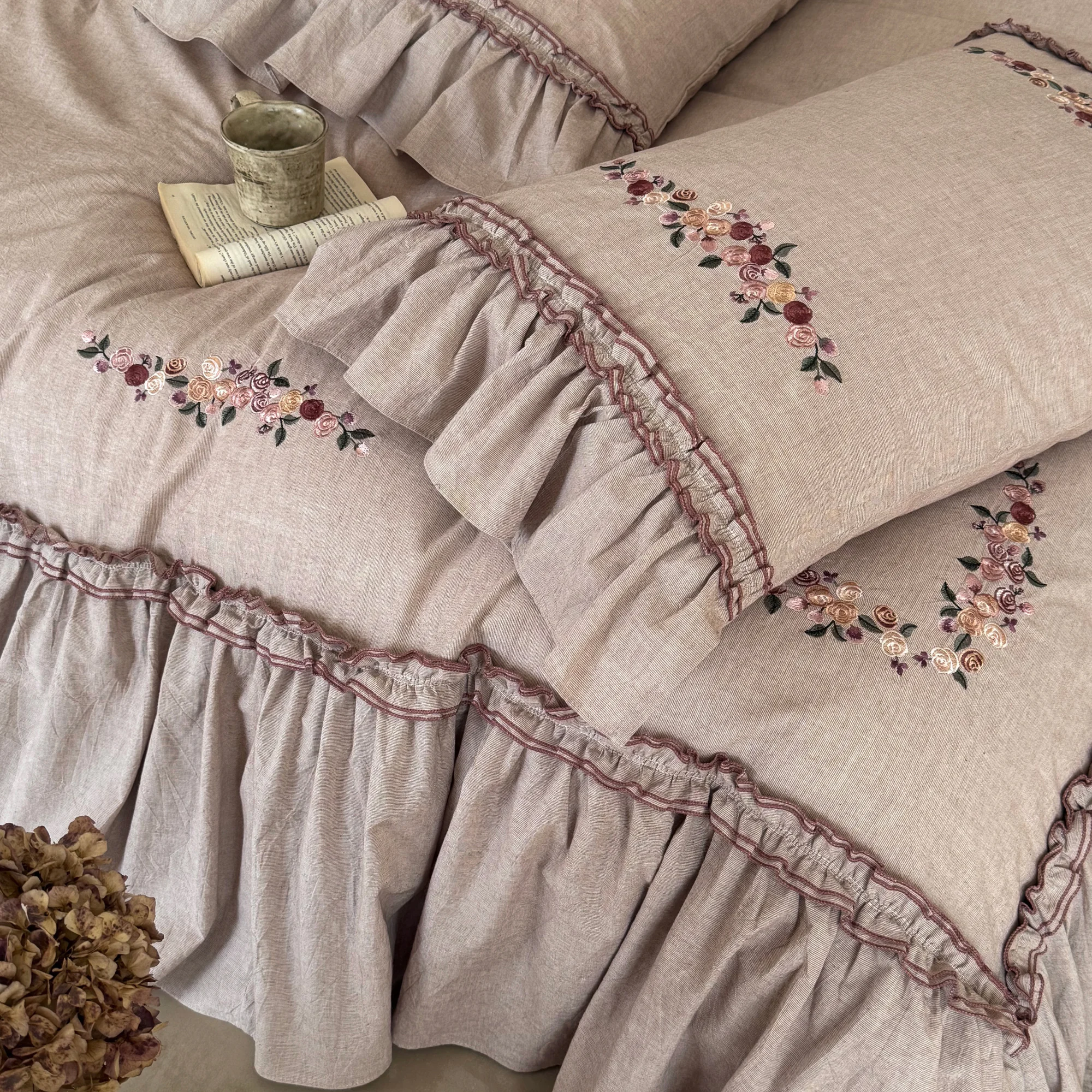 Country Farmhouse Floral Embroidery Soft Cotton Linen Bedding 4 Pcs Set13
