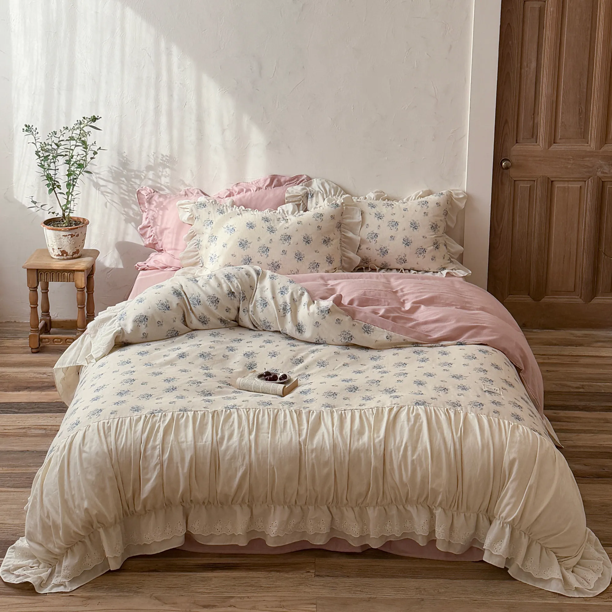 Country Style Soft Cotton Linen Double Gauze Floral Print 4 Piece Bedding Set