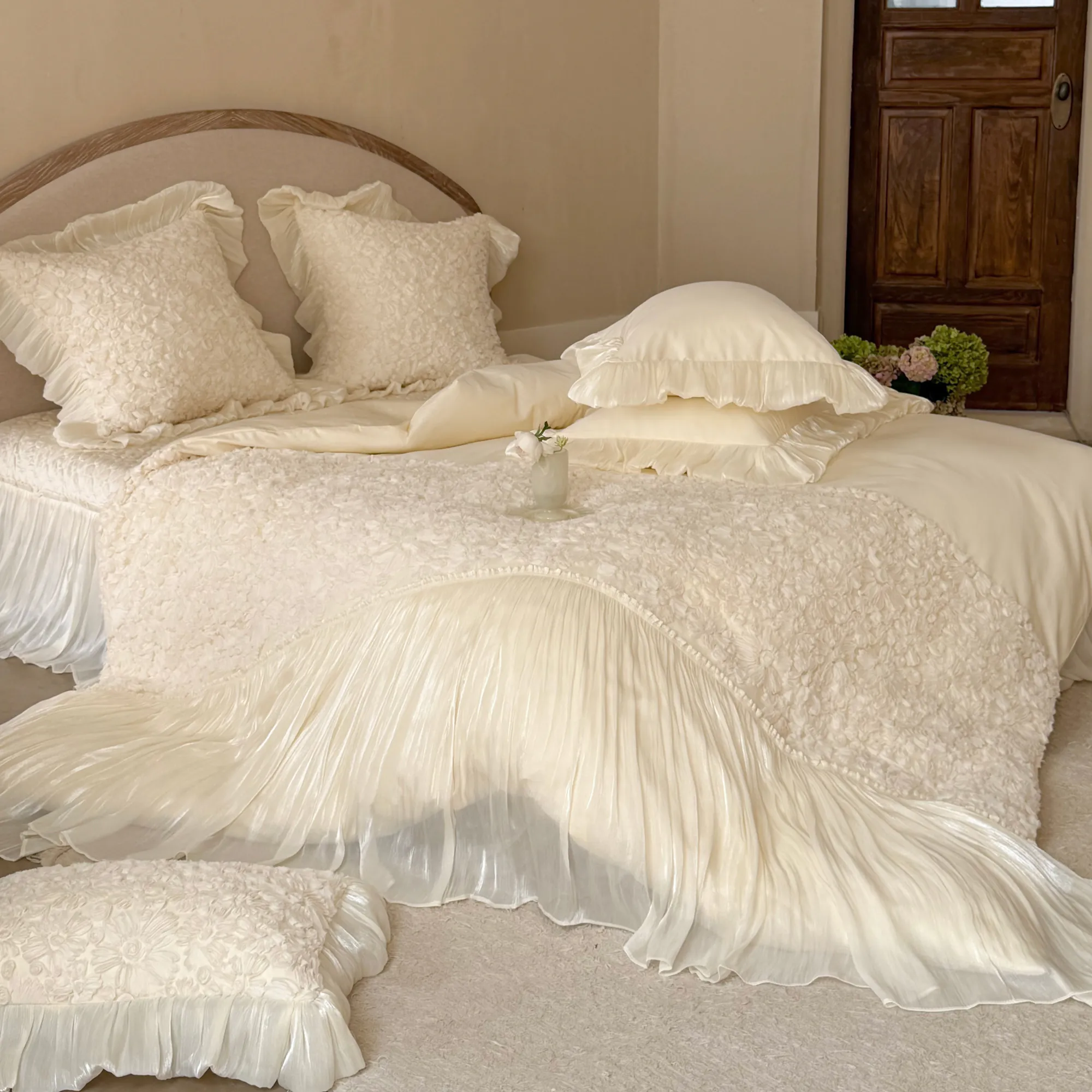 Creamy 3D Embossed Floral 100S Long-Staple Cotton Pleated Skirt Bedding Set03