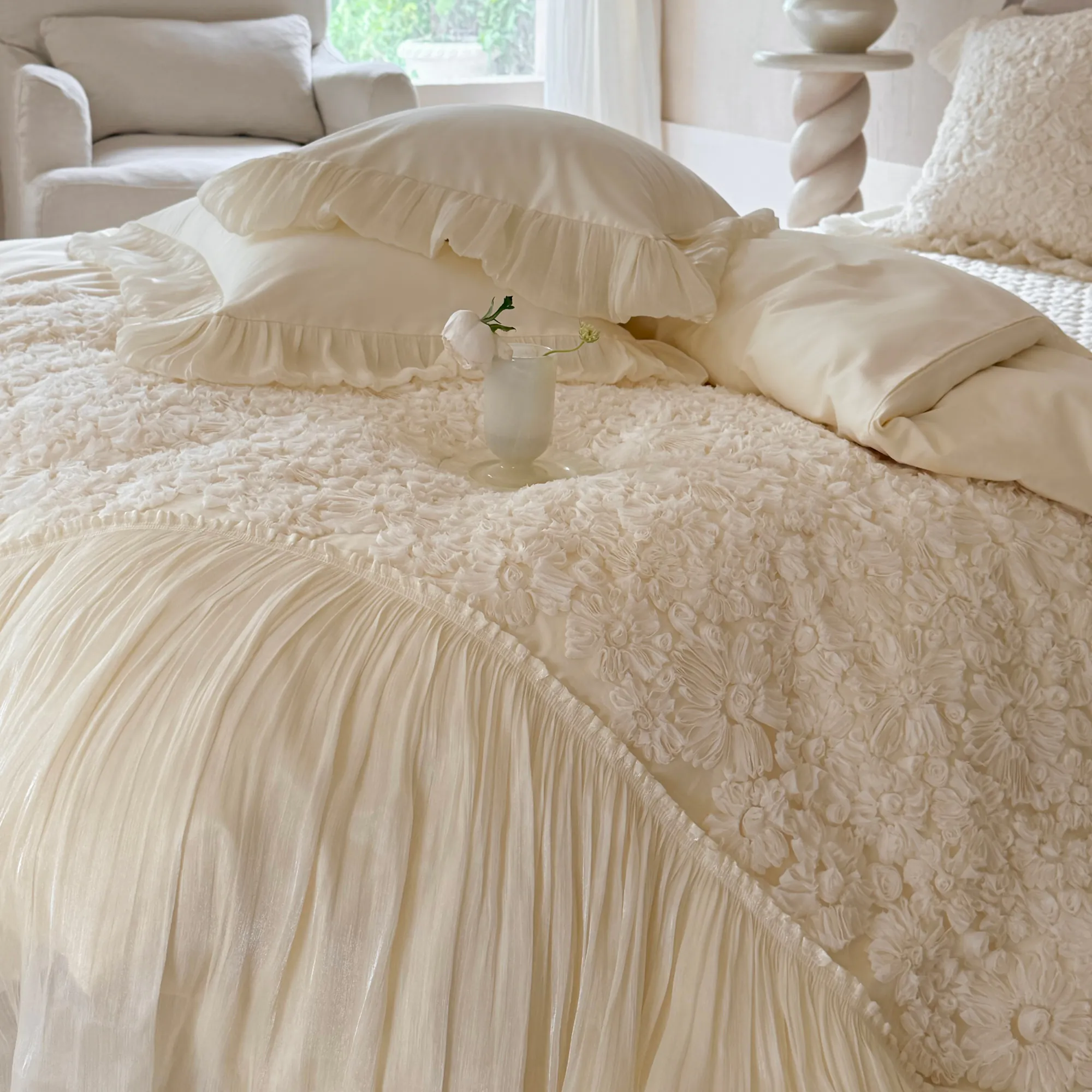 Creamy 3D Embossed Floral 100S Long-Staple Cotton Pleated Skirt Bedding Set06