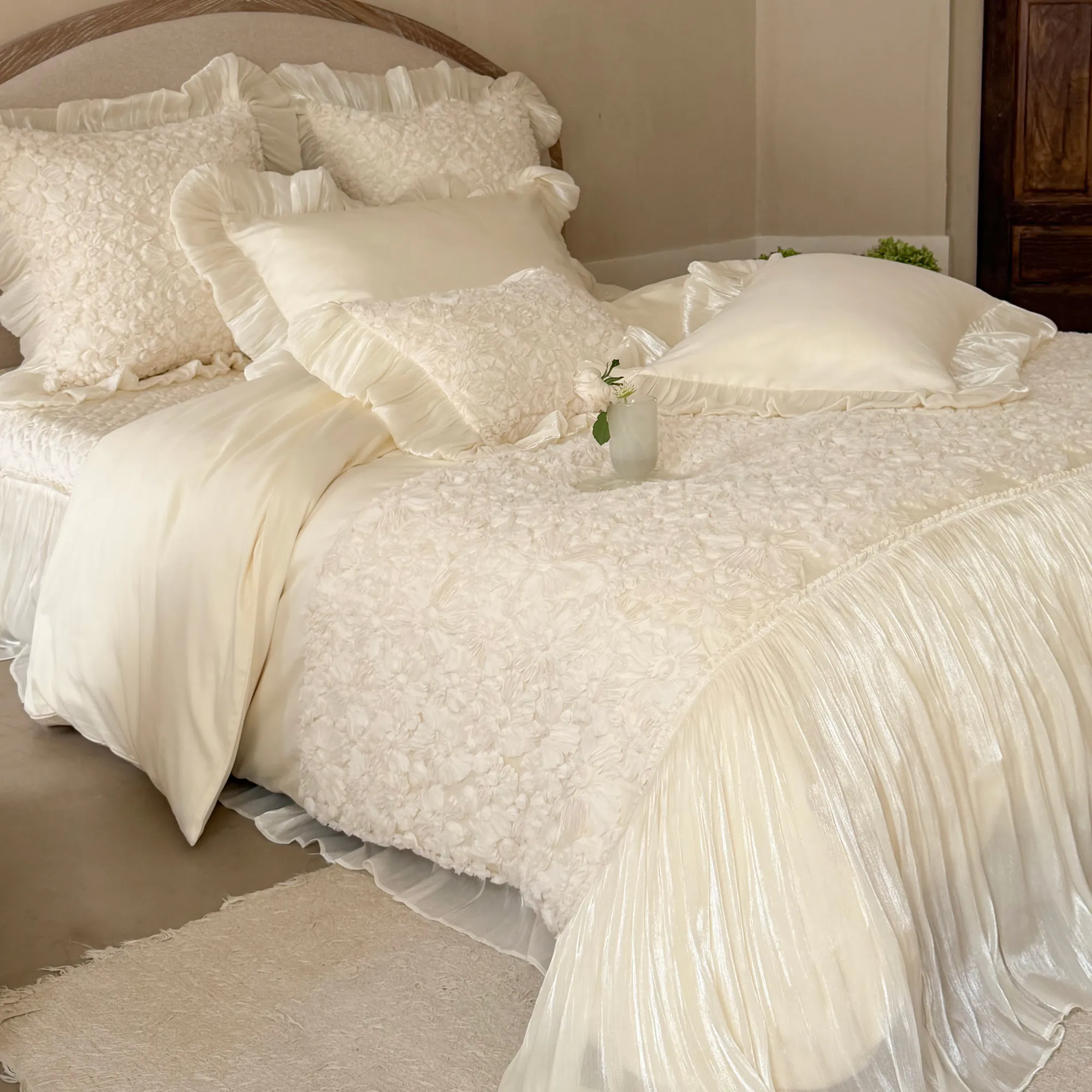 Creamy 3D Embossed Floral 100S Long-Staple Cotton Pleated Skirt Bedding Set07