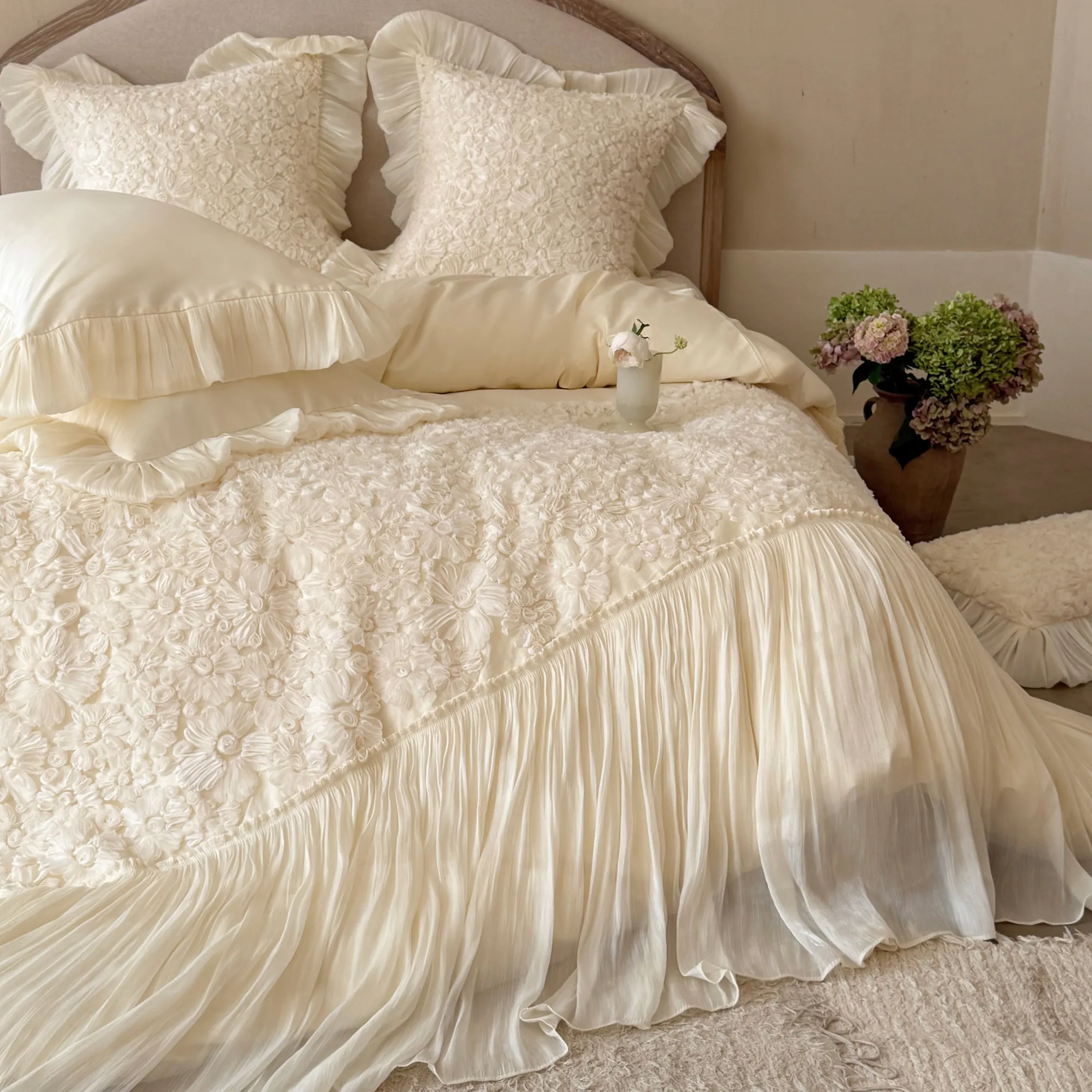 Creamy 3D Embossed Floral 100S Long-Staple Cotton Pleated Skirt Bedding Set09