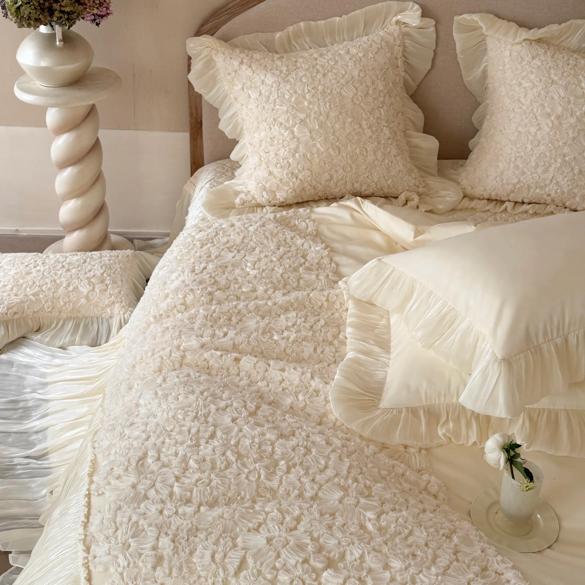 Creamy 3D Embossed Floral 100S Long-Staple Cotton Pleated Skirt Bedding Set10