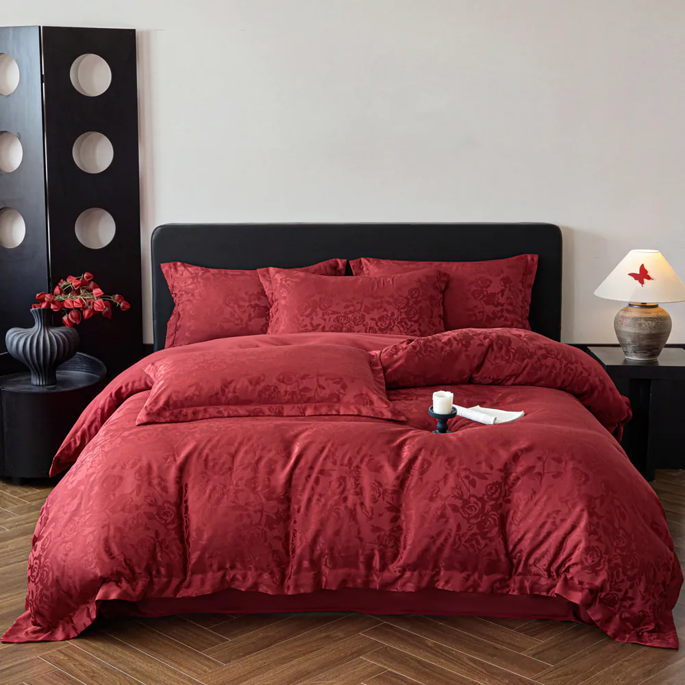 Deep Red Rose Floral Jacquard Satin Duvet Cover Set Full Queen King Size