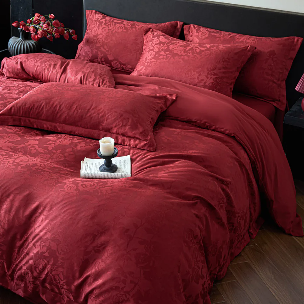 Deep Red Rose Floral Jacquard Satin Duvet Cover Set Full Queen King Size03