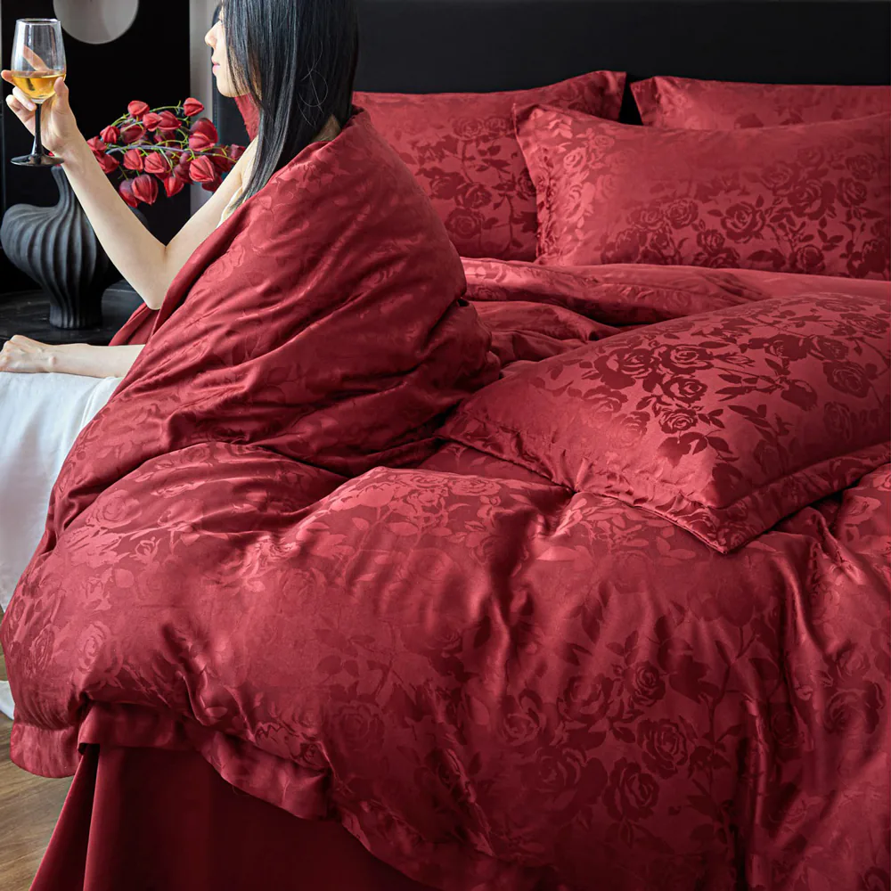 Deep Red Rose Floral Jacquard Satin Duvet Cover Set Full Queen King Size04