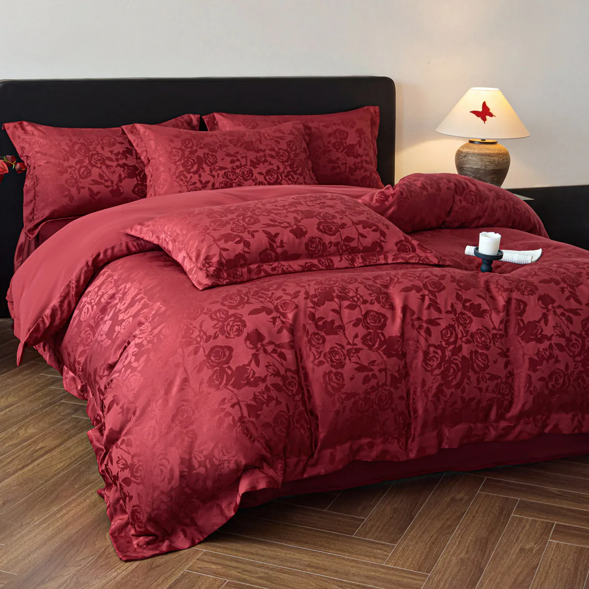 Deep Red Rose Floral Jacquard Satin Duvet Cover Set Full Queen King Size06