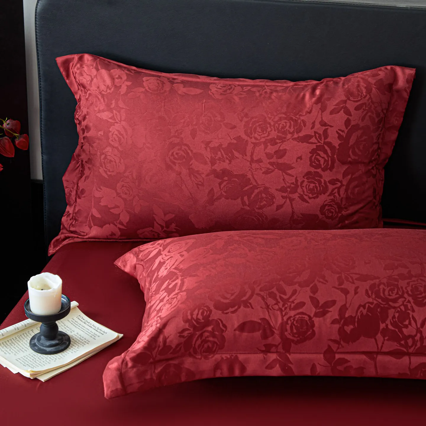 Deep Red Rose Floral Jacquard Satin Duvet Cover Set Full Queen King Size08