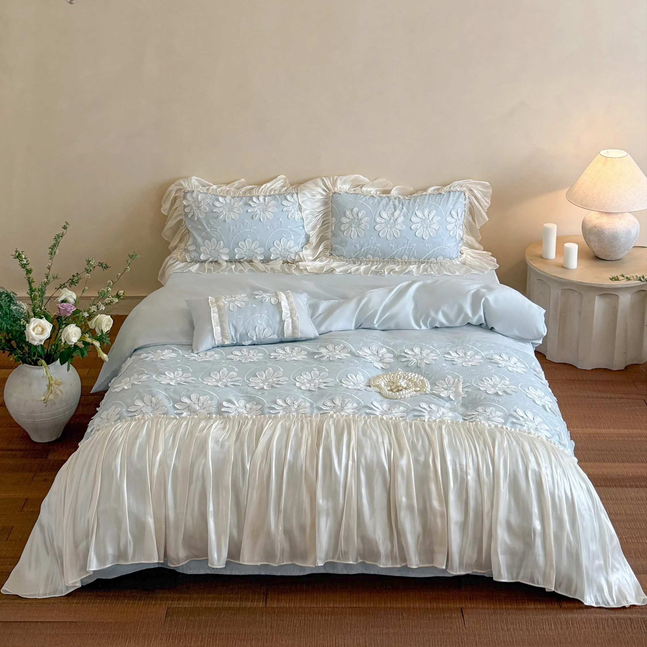 Dreamy Soft 3D Daisy Flower Embroidery Ruffle Hem Duvet Cover Bedding Set