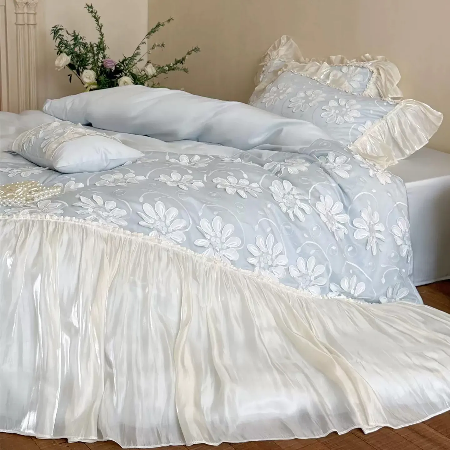 Dreamy Soft 3D Daisy Flower Embroidery Ruffle Hem Duvet Cover Bedding Set07