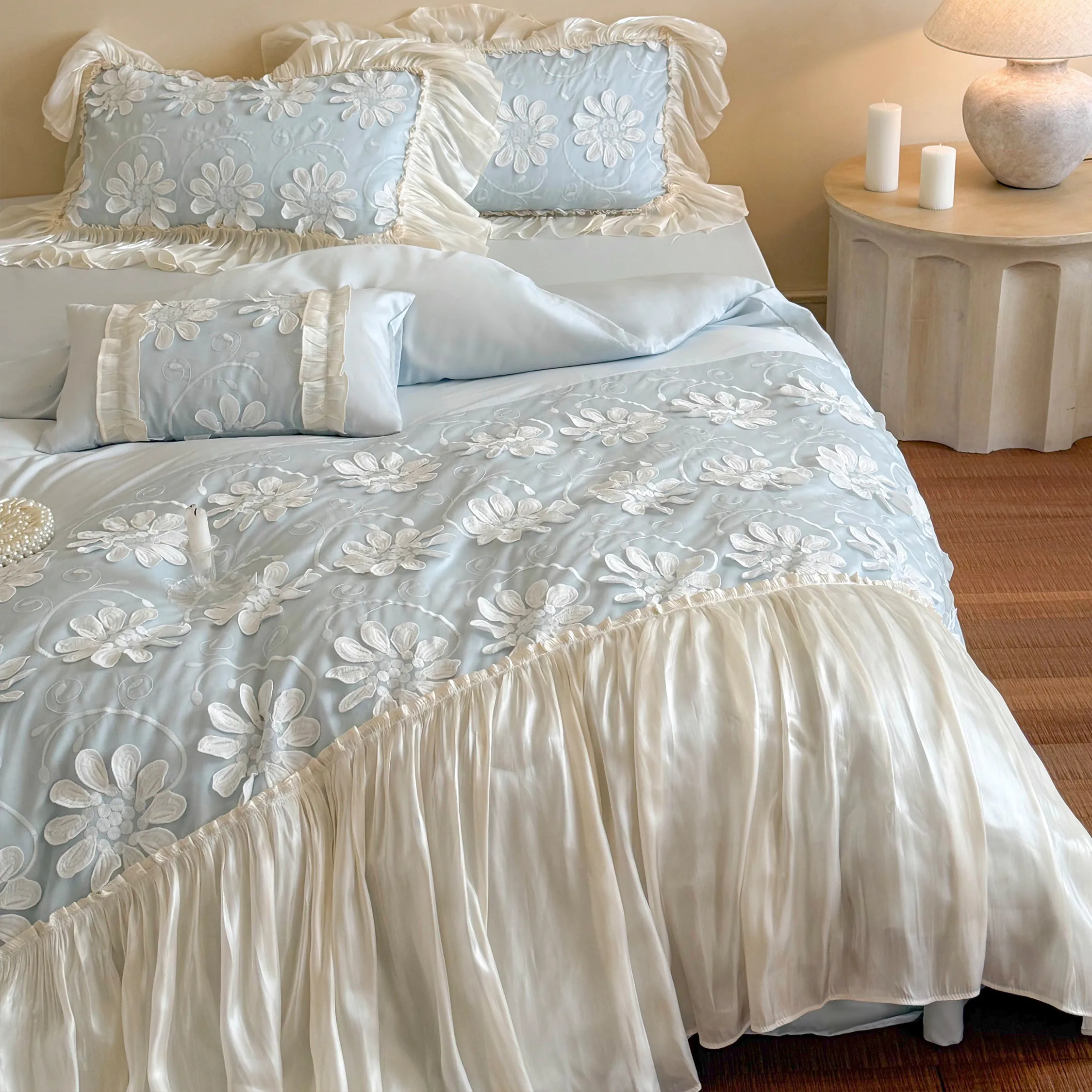 Dreamy Soft 3D Daisy Flower Embroidery Ruffle Hem Duvet Cover Bedding Set08