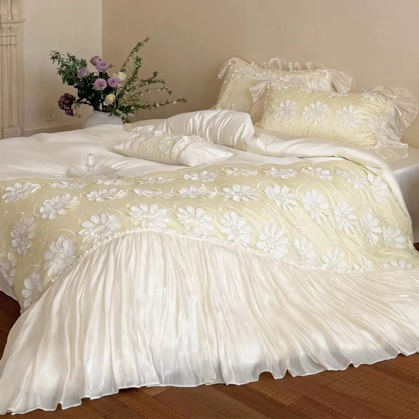 Dreamy Soft 3D Daisy Flower Embroidery Ruffle Hem Duvet Cover Bedding Set11
