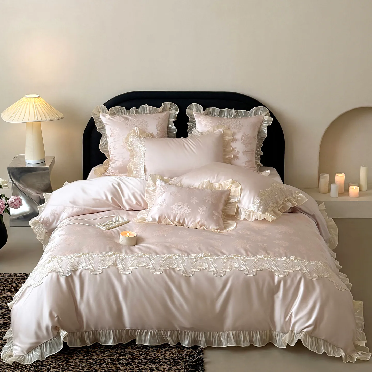 Elegant Floral Jacquard 100% Long Staple Cotton Lace Ruffle Duvet Cover Set