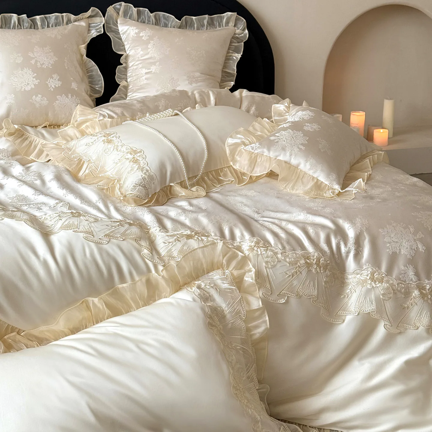 Elegant Floral Jacquard 100% Long Staple Cotton Lace Ruffle Duvet Cover Set08
