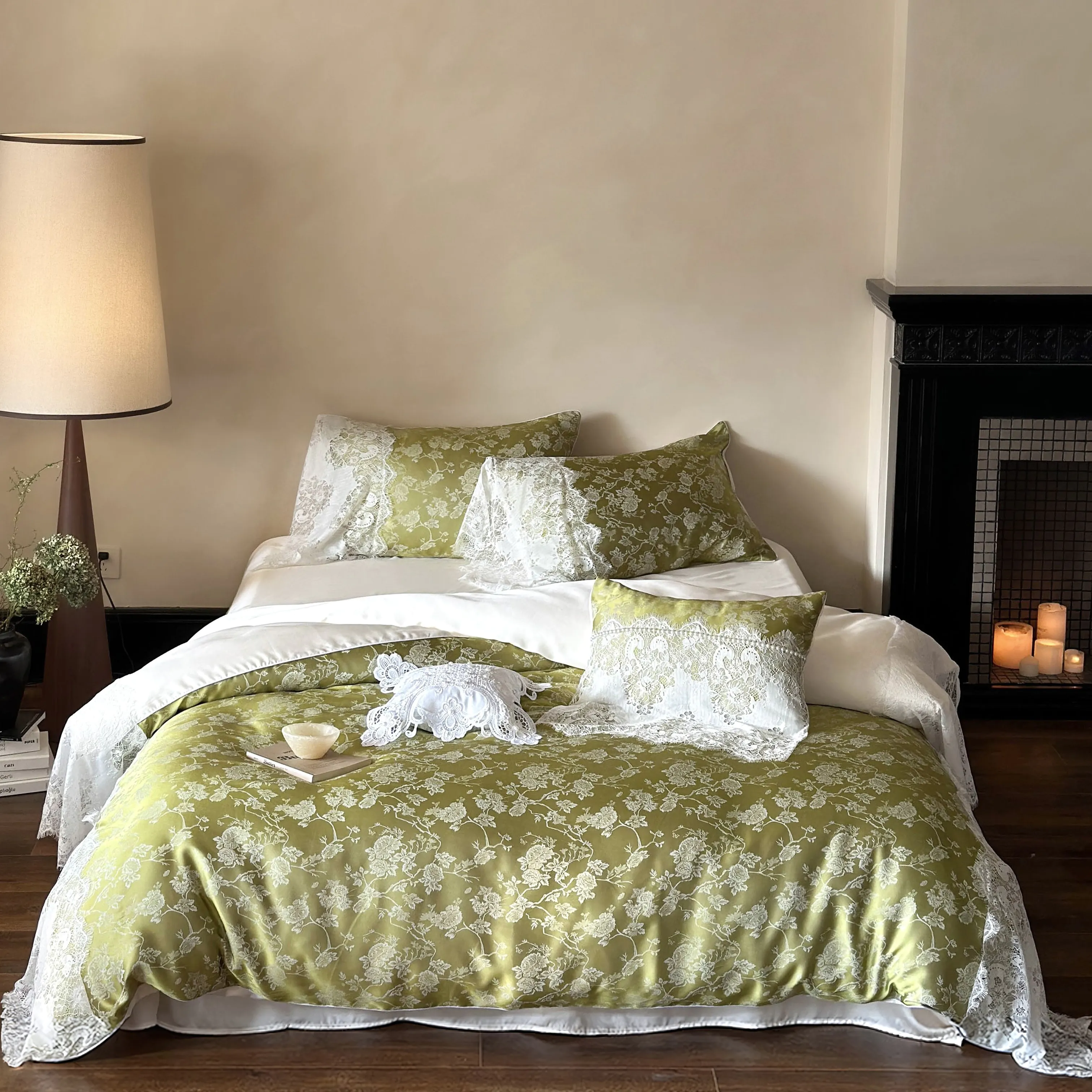 Elegant Green Jacquard Floral Tencel Lace Trim Duvet Cover Set Queen King Size