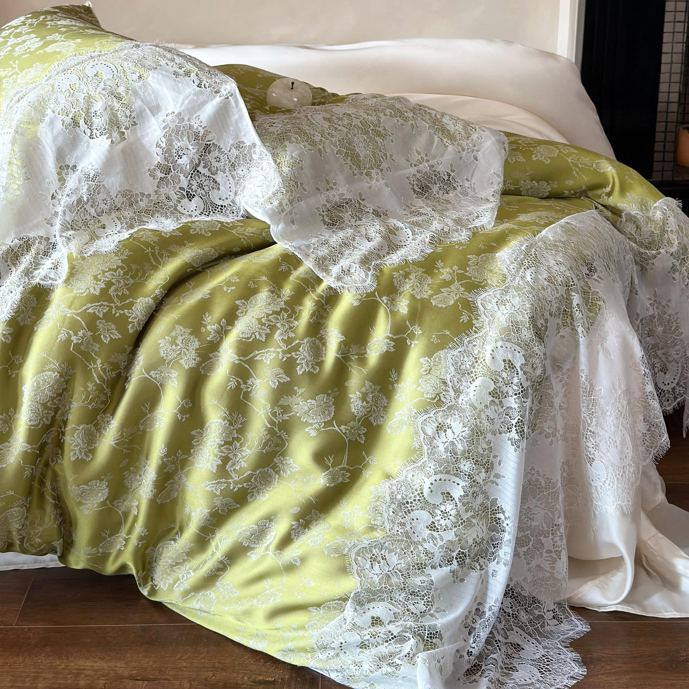 Elegant Green Jacquard Floral Tencel Lace Trim Duvet Cover Set Queen King Size05