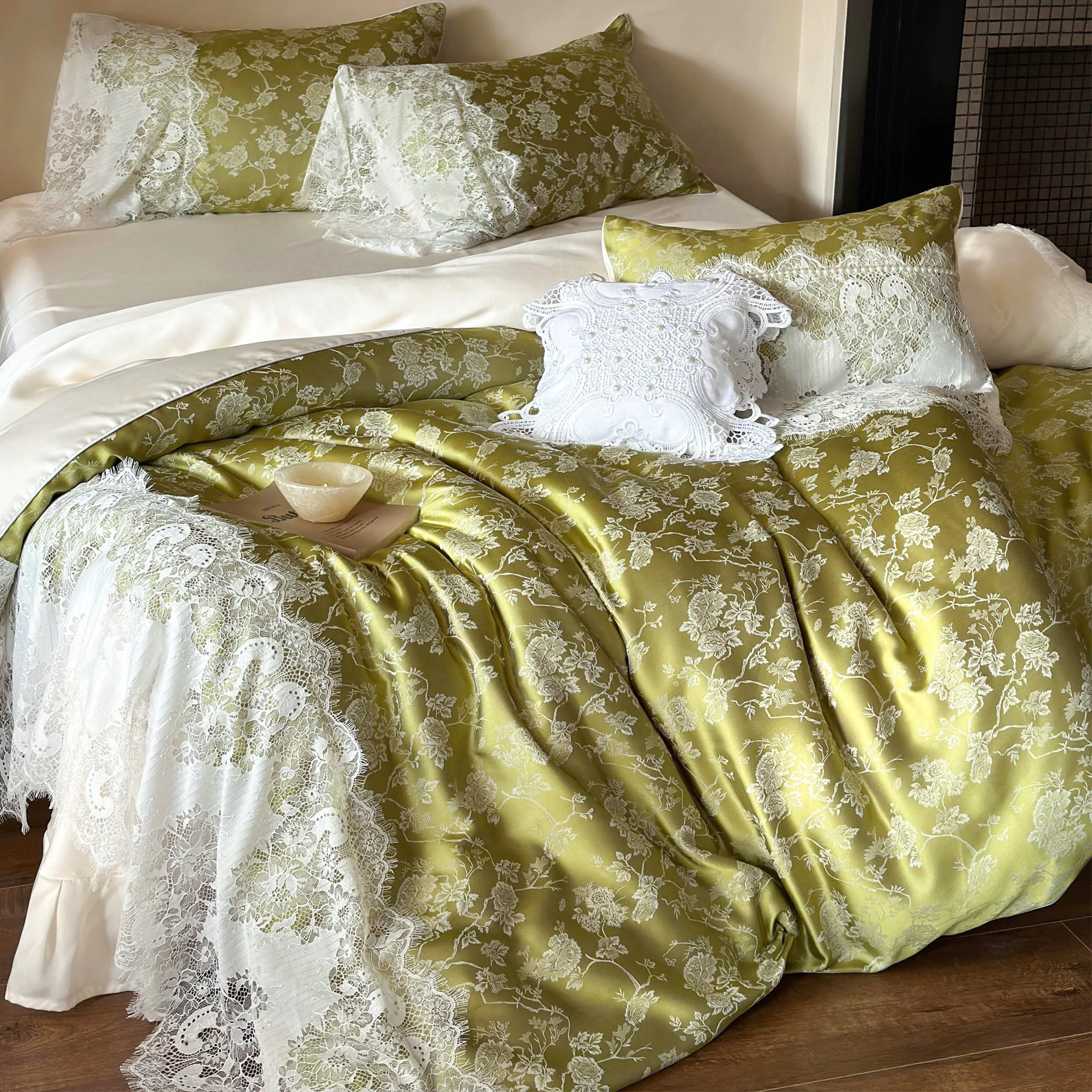 Elegant Green Jacquard Floral Tencel Lace Trim Duvet Cover Set Queen King Size07