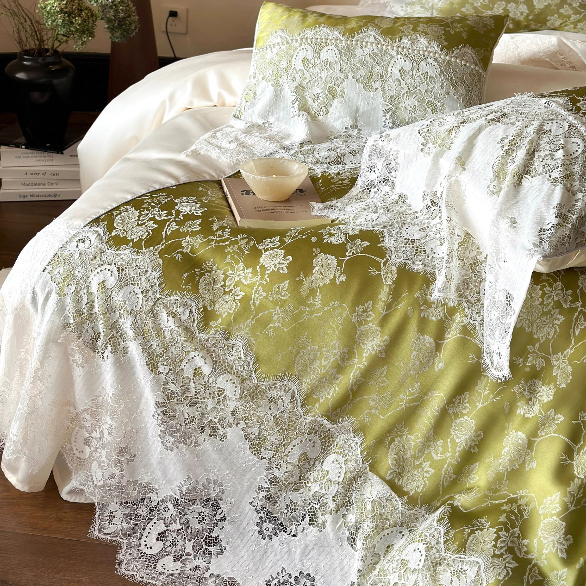Elegant Green Jacquard Floral Tencel Lace Trim Duvet Cover Set Queen King Size09