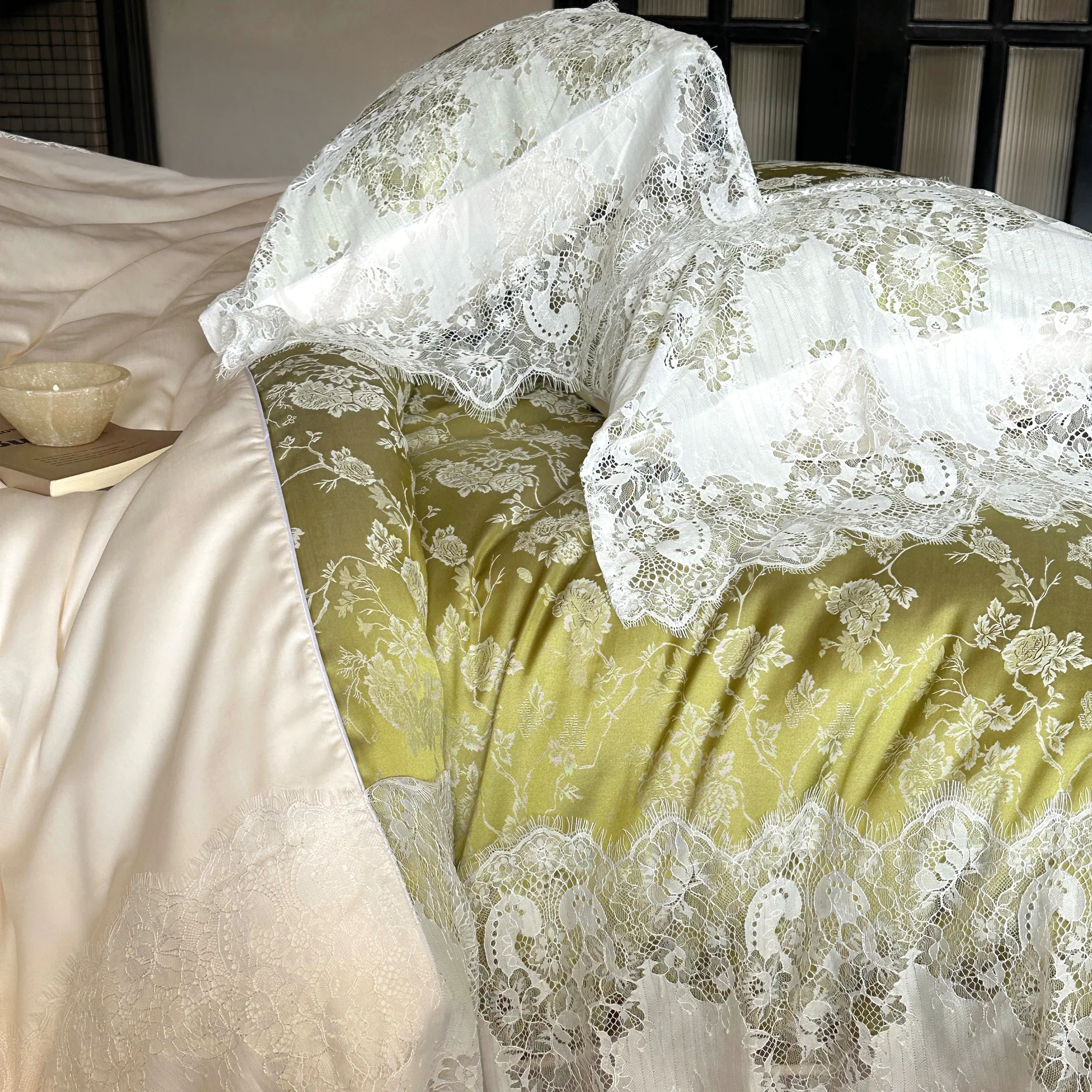 Elegant Green Jacquard Floral Tencel Lace Trim Duvet Cover Set Queen King Size12