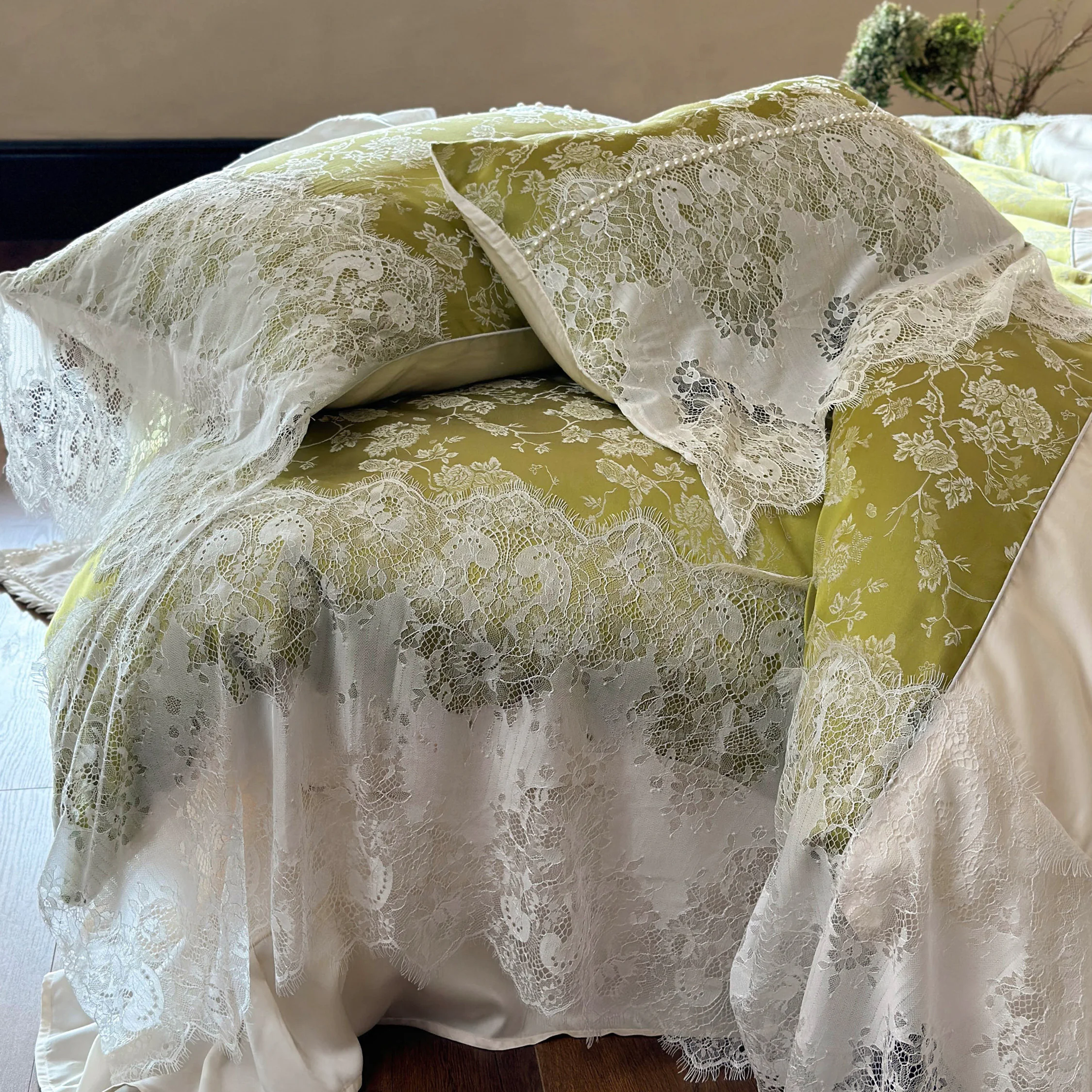 Elegant Green Jacquard Floral Tencel Lace Trim Duvet Cover Set Queen King Size13