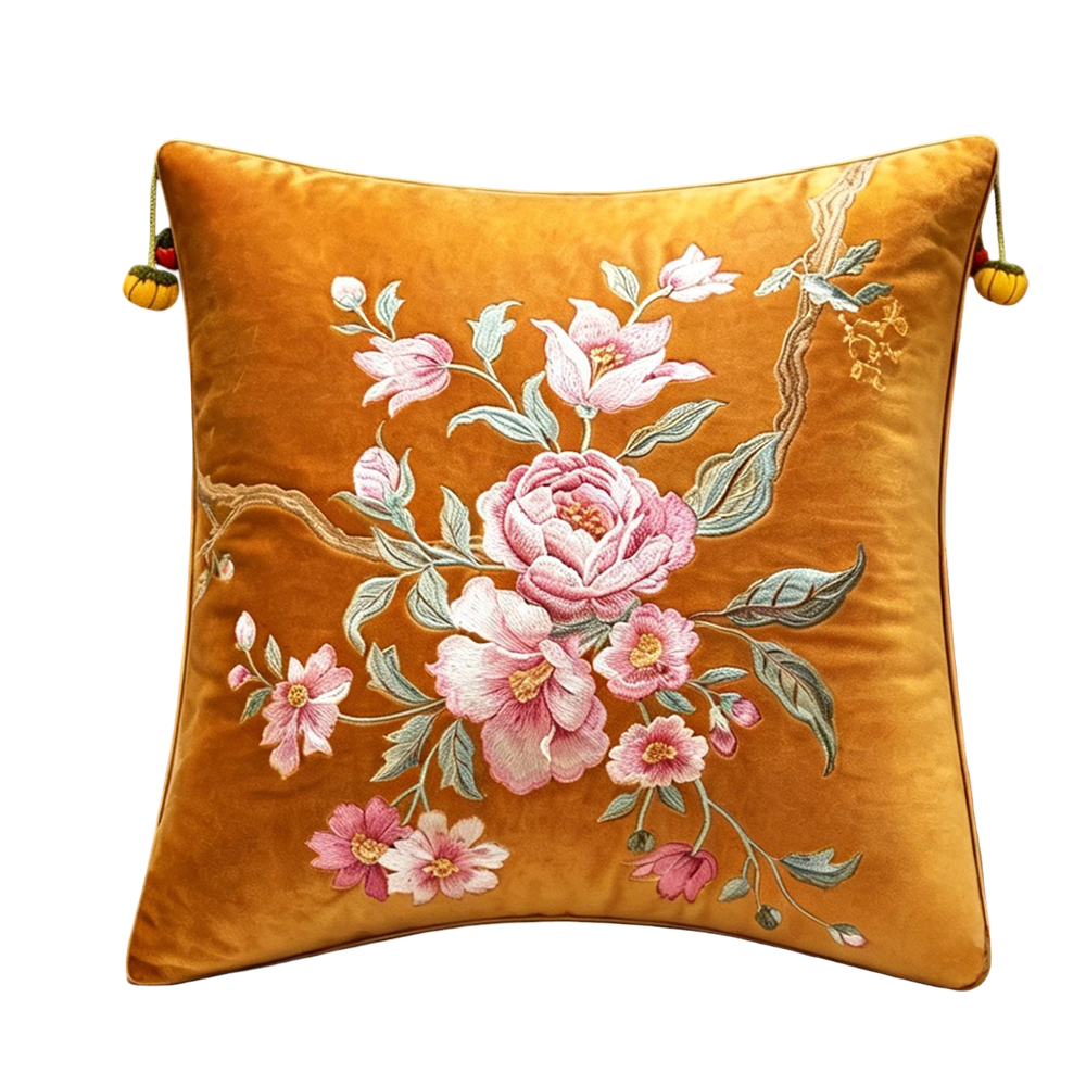 Elegant Peony Floral Embroidered Velvet Cushion Case Throw Pillow Cover