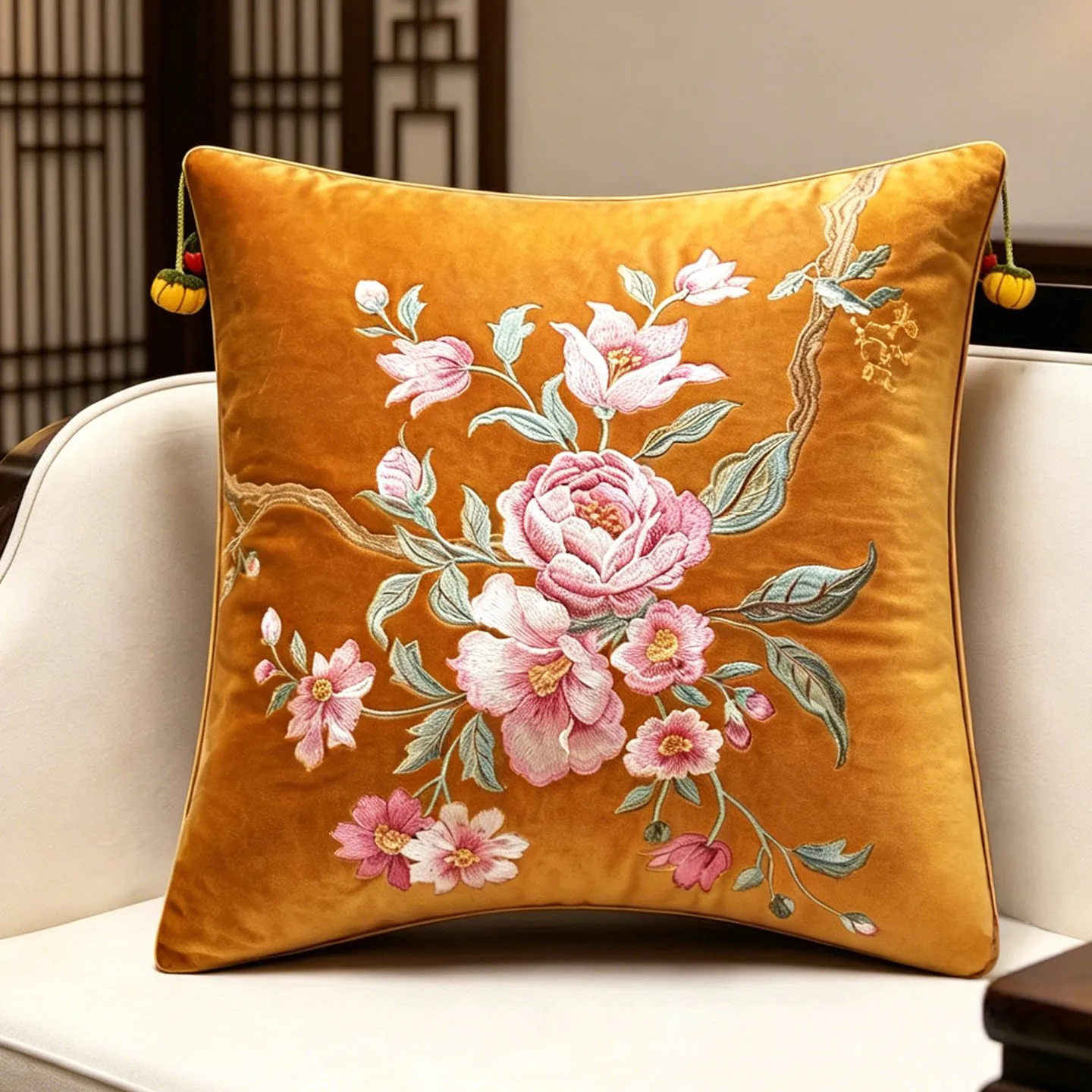 Elegant Peony Floral Embroidered Velvet Cushion Throw Pillow Cover03