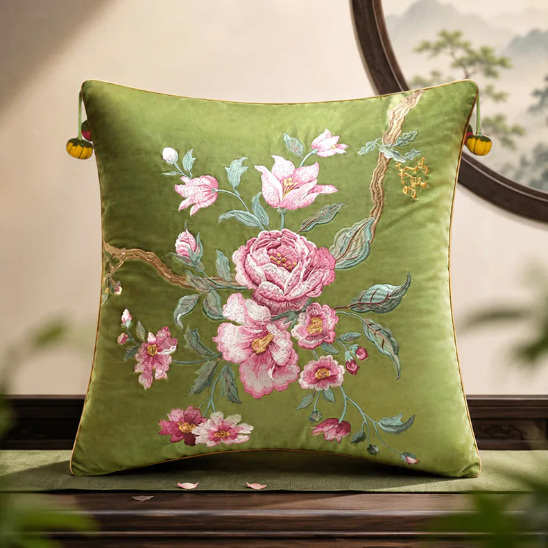 Elegant Peony Floral Embroidered Velvet Cushion Throw Pillow Cover04