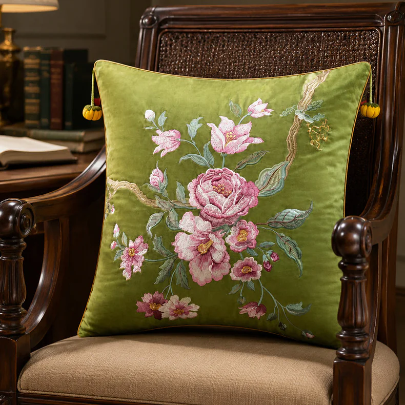 Elegant Peony Floral Embroidered Velvet Cushion Throw Pillow Cover05