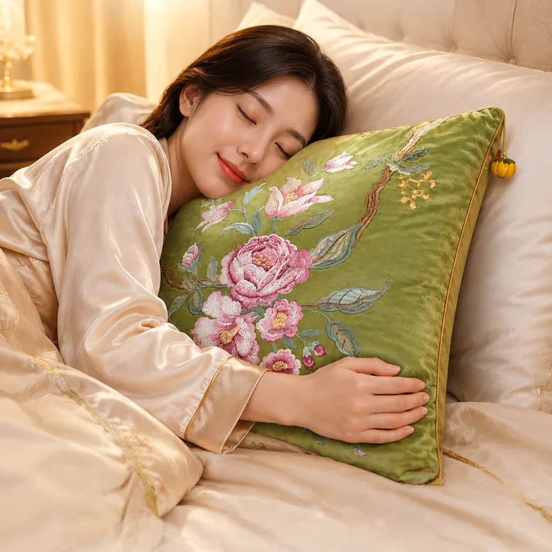 Elegant Peony Floral Embroidered Velvet Cushion Throw Pillow Cover06