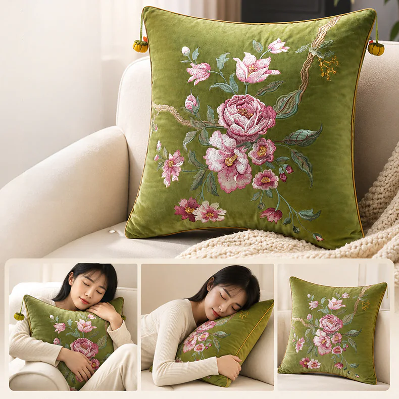 Elegant Peony Floral Embroidered Velvet Cushion Throw Pillow Cover07