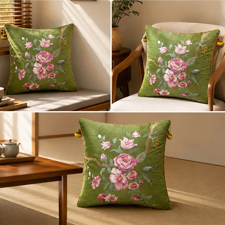 Elegant Peony Floral Embroidered Velvet Cushion Throw Pillow Cover08