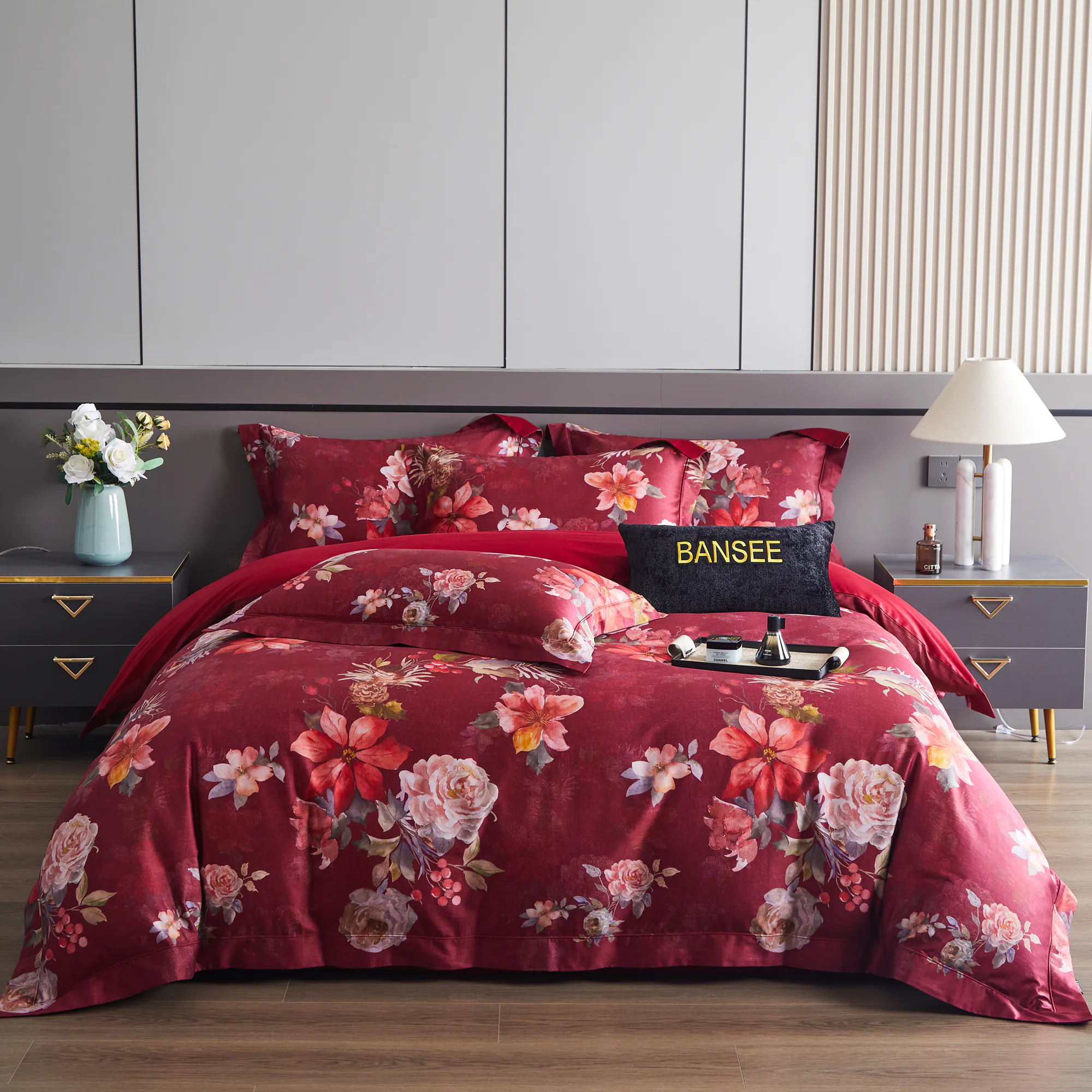 Elegant Red Botanical Floral Print 100s Cotton Duvet Cover Duvet Cover Set01