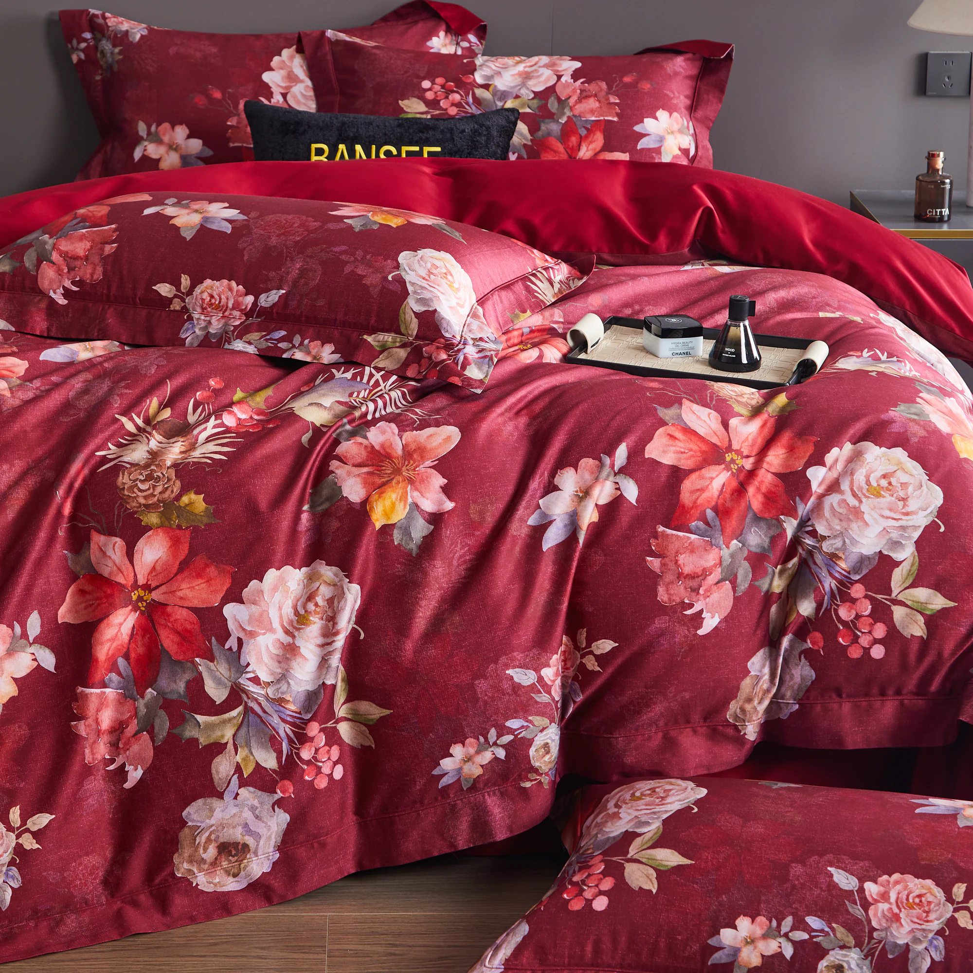 Elegant Red Botanical Floral Print 100s Cotton Duvet Cover Duvet Cover Set02