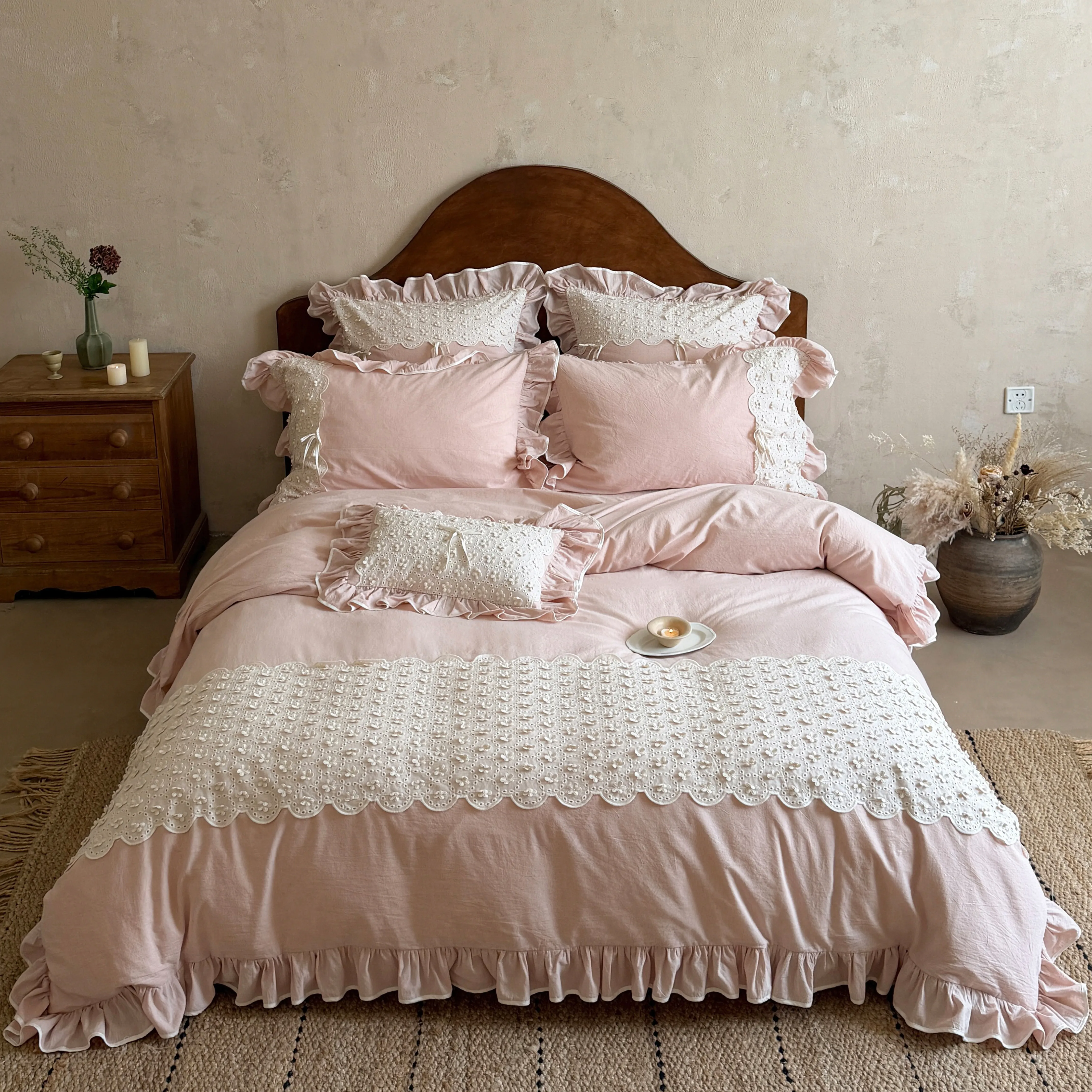 French Country Style Ruffle Trim Eyelet Lace Cotton Linen Duvet Cover Set01