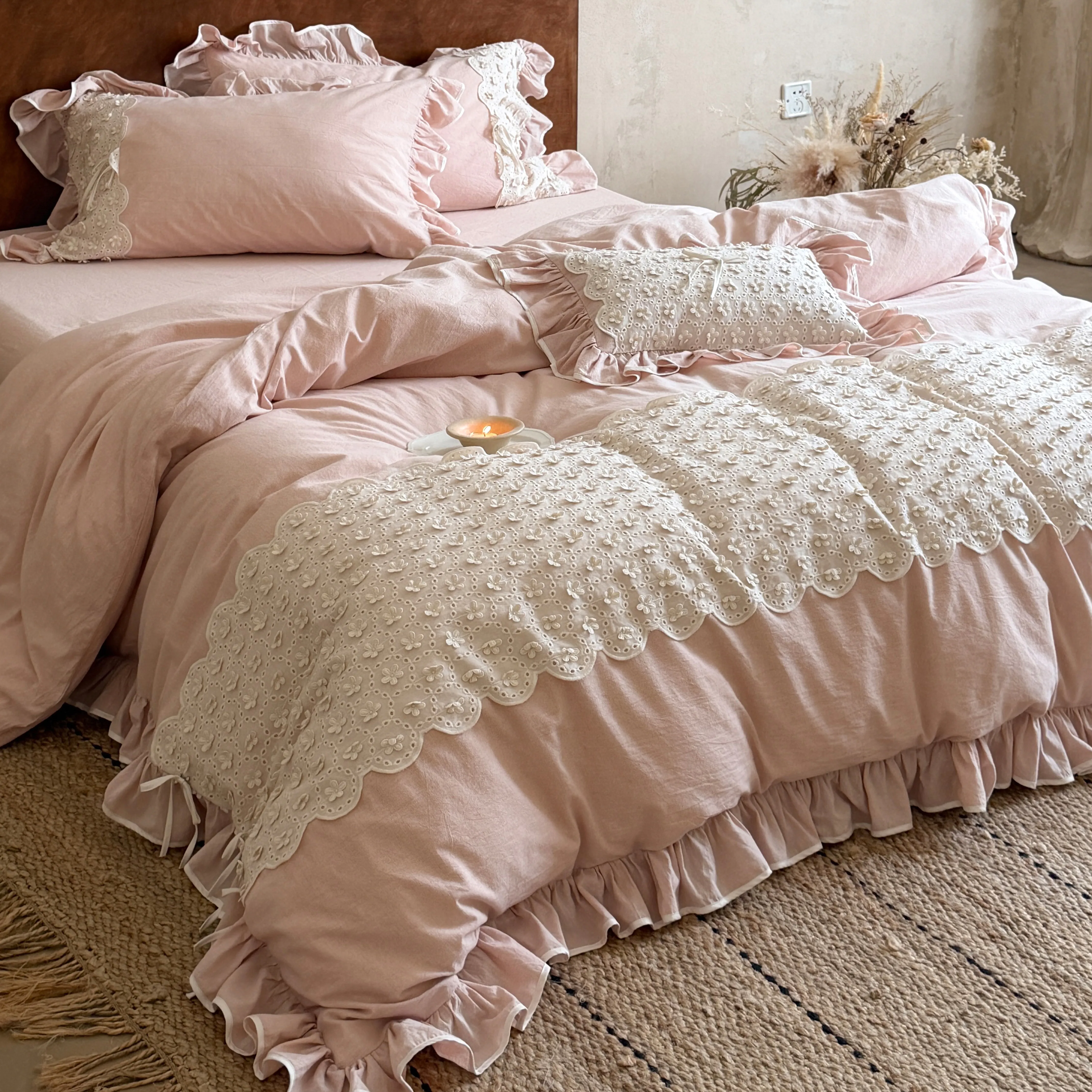 French Country Style Ruffle Trim Eyelet Lace Cotton Linen Duvet Cover Set02