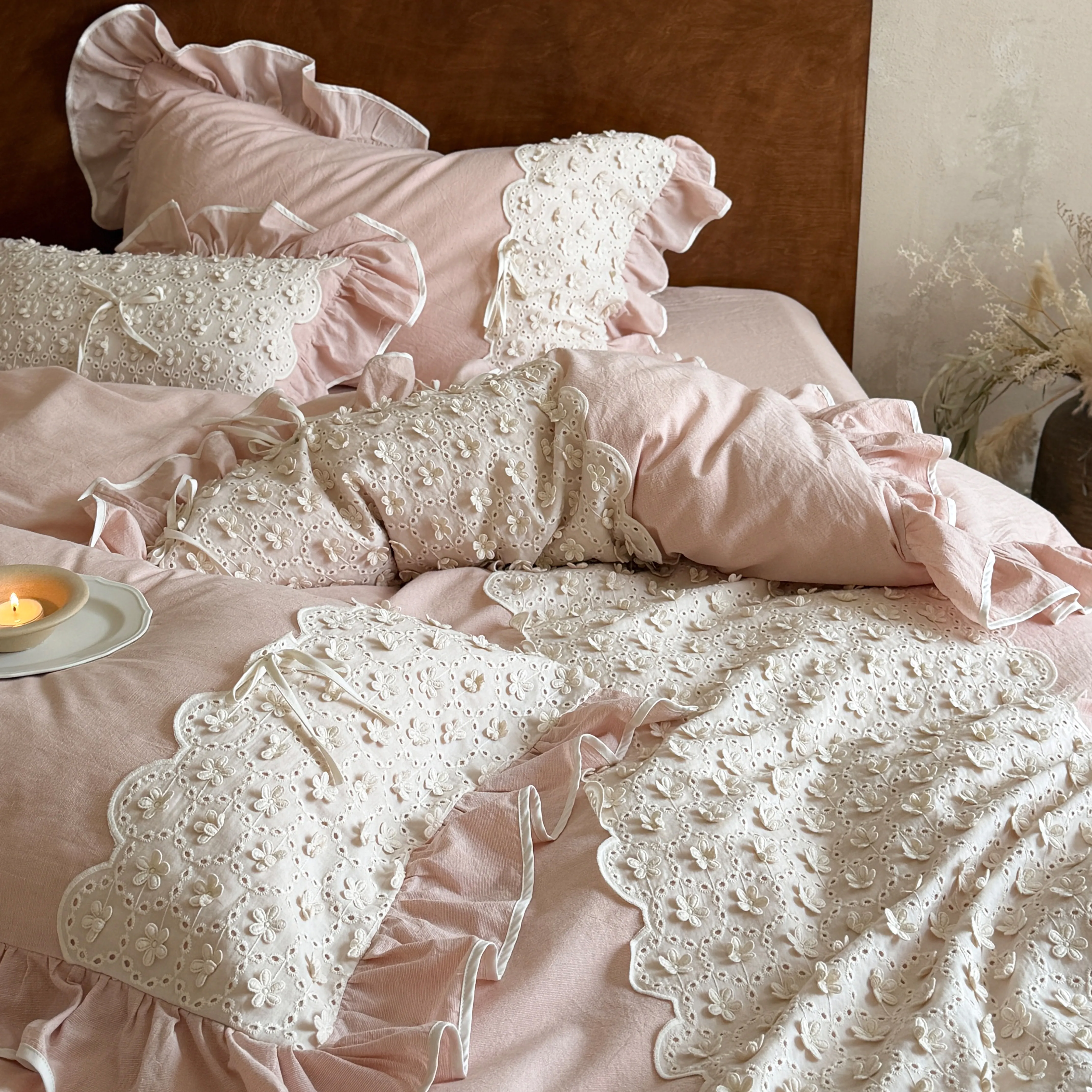 French Country Style Ruffle Trim Eyelet Lace Cotton Linen Duvet Cover Set04 French Country Style Ruffle Trim Eyelet Lace Cotton Linen Duvet Cover Set04