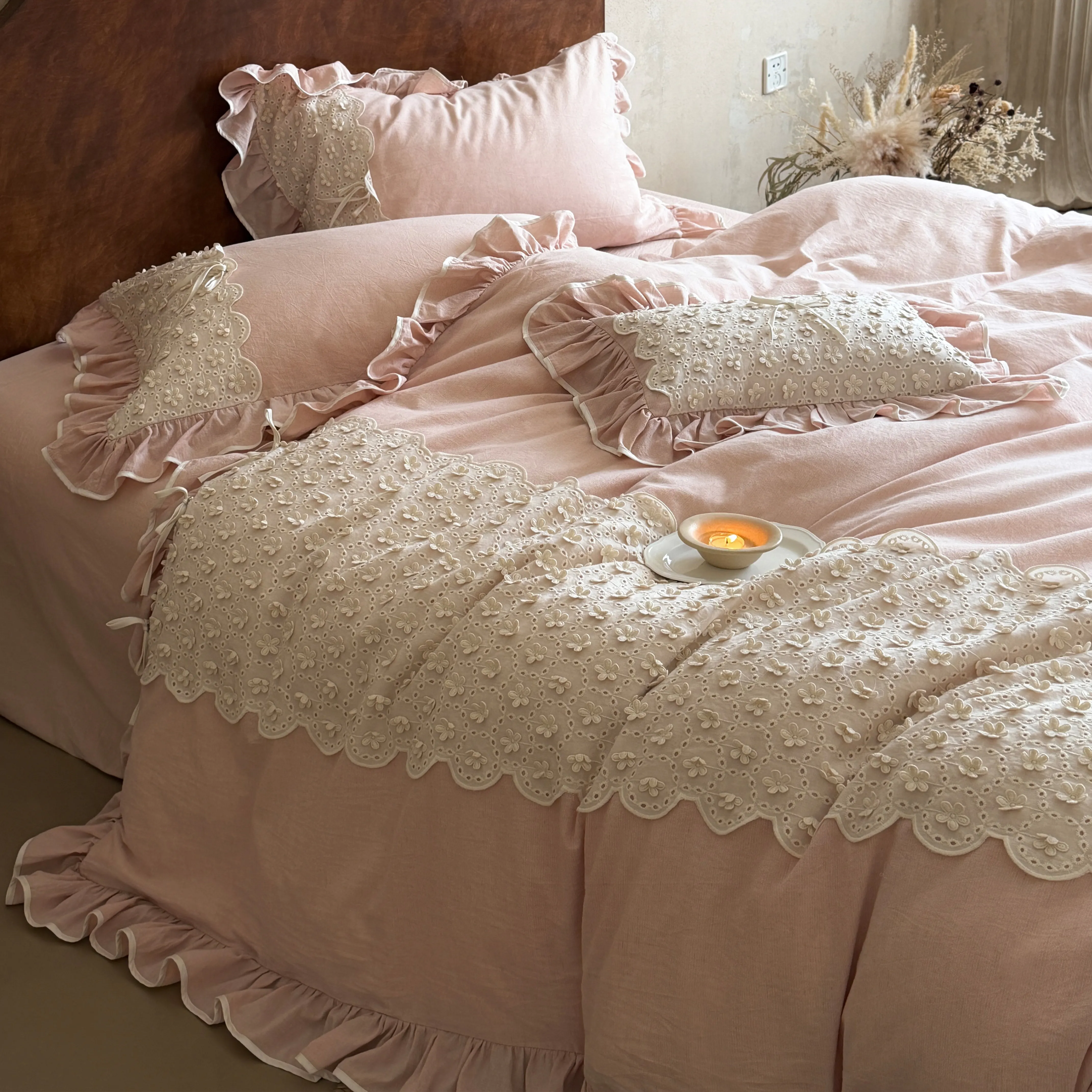 French Country Style Ruffle Trim Eyelet Lace Cotton Linen Duvet Cover Set05 French Country Style Ruffle Trim Eyelet Lace Cotton Linen Duvet Cover Set05